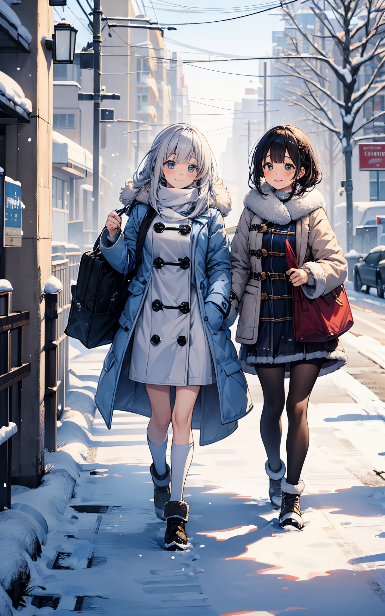 cold winter、in the falling snow、She is wearing a fluffy duffel coat.、walk the way to high school、She approached me and greeted me with a smile.