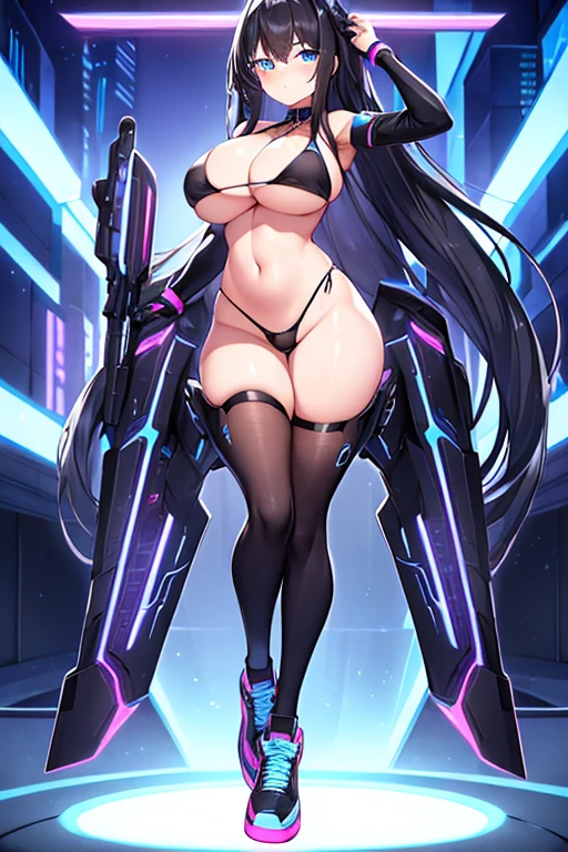 1girl, wide hips, large breasts, black hair, long hair, blue eyes, futuristic, machinery, science-fiction, tech, shoes, sneakers, neon trim, v-string, bikini, black bikini, black clothes, purple neon trim, full body, car, sports car, shy, blushing, blush, timid