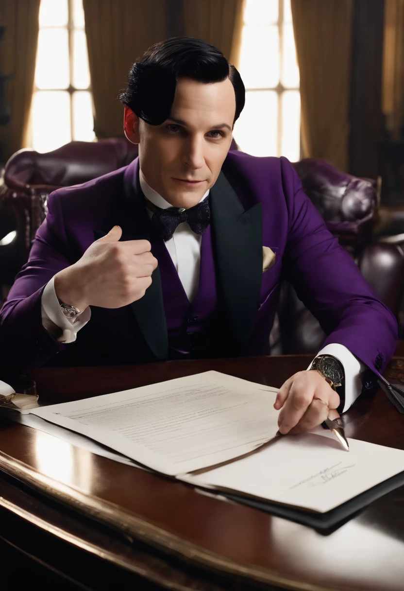 A photo of Oswald sitting at a lavish mahogany desk, signing a contract with a sly smile on his face,Gotham,Oswald has spiky black hair, a long nose, and wears very fancy suits, favors the color purple. Famously portrayed by Robin Lord Taylor, male