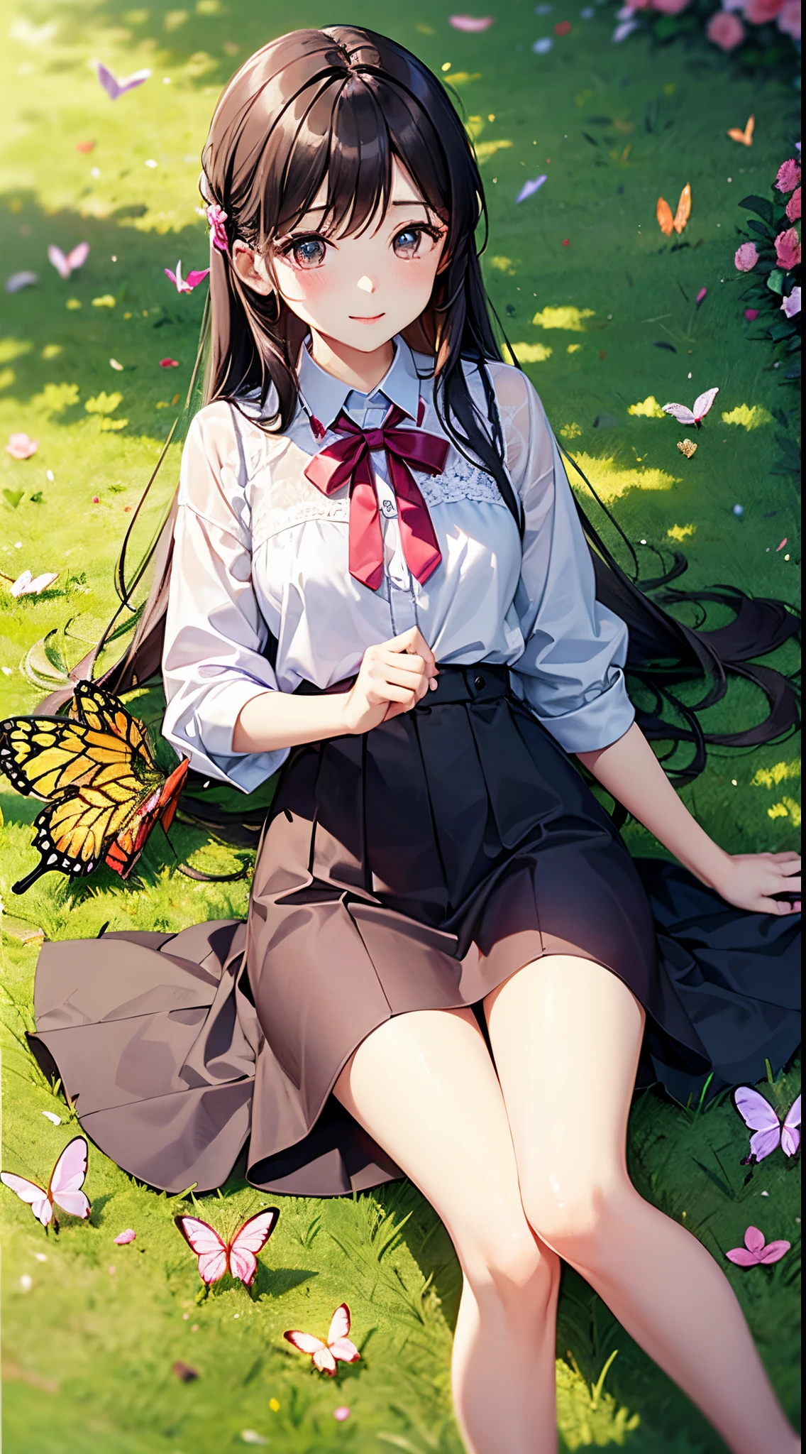 Cute clothes for girls in love。Fantastic scene。Butterflies fly around her in the sunshine。lawns