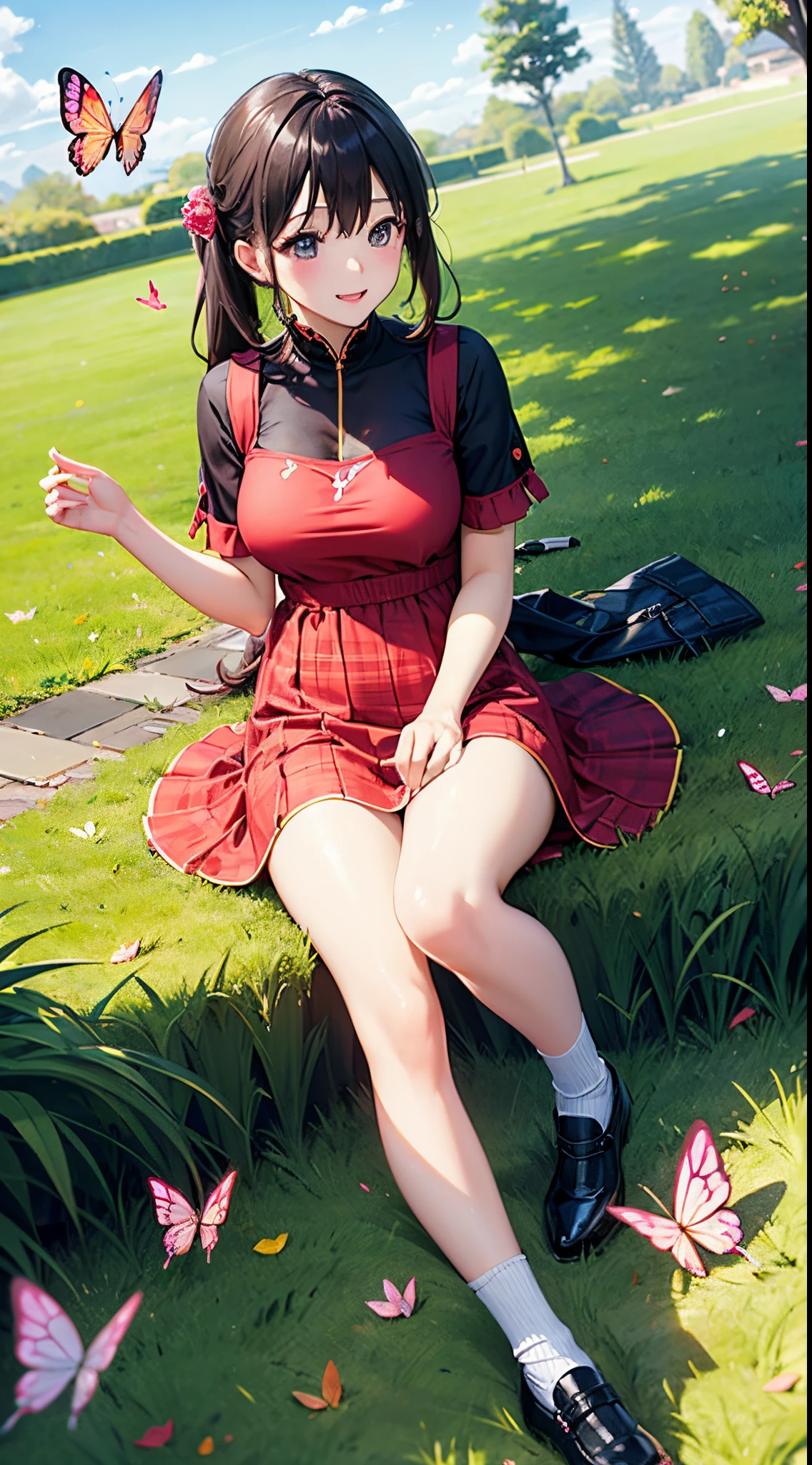 Cute clothes for girls in love。Fantastic scene。Butterflies fly around her in the sunshine。lawns