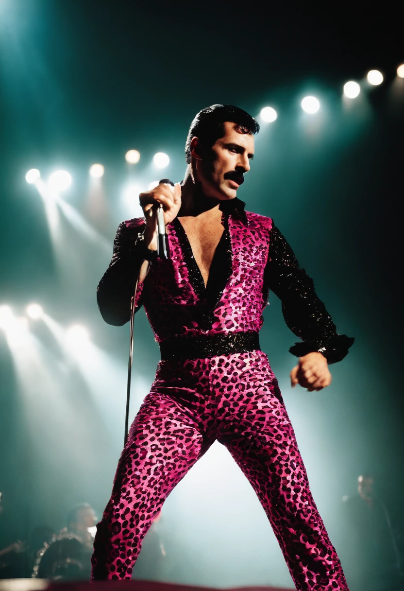 The image is of Freddie Mercury in a fabulous hot pink and black leopard print jumpsuit, striking a fierce and glamorous pose on stage.,original,Freddie Mercury, male