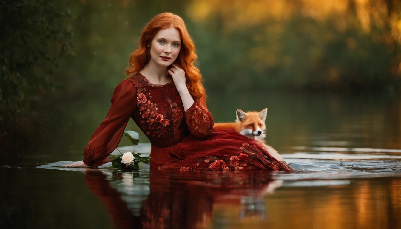 Portrait Focused Realistic Photography of Pale Ginger Orange Redhead Girl in the Forest with Medium Dress and Medium Sleeves Black Flower and Carnation Orange and Red Roses Prints. On a green lake with leaves all around reflecting the sky Warm lights hanging in the middle of autumn Spring, Bokehn effect of water drops, she is holding a red fox on her lap