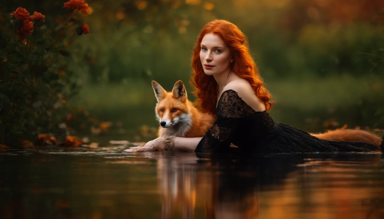 Portrait Focused Realistic Photography of Pale Ginger Orange Redhead Girl in the Forest with Medium Dress and Medium Sleeves Black Flower and Carnation Orange and Red Roses Prints. On a green lake with leaves all around reflecting the sky Warm lights hanging in the middle of autumn Spring, Bokehn effect of water drops, she is holding a red fox on her lap