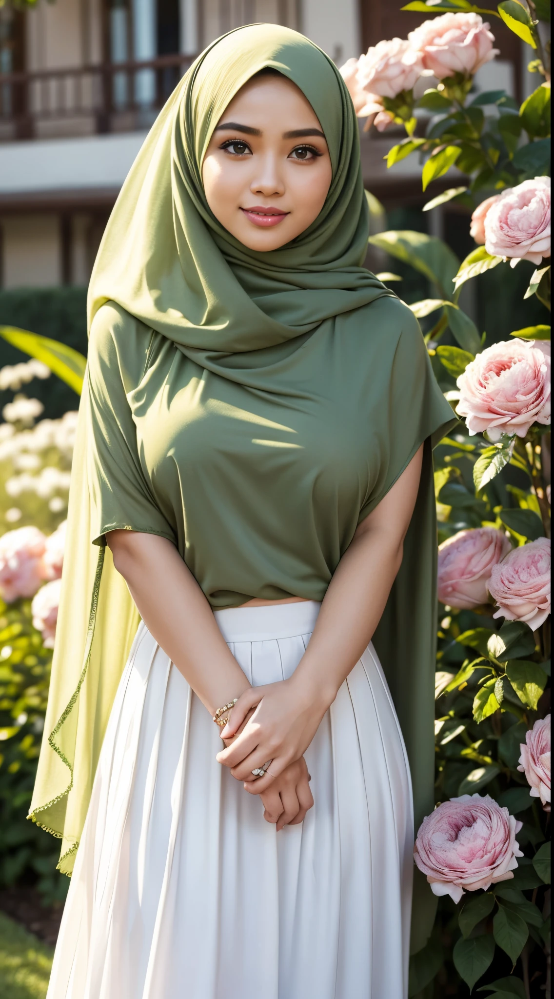 RAW, Best quality, high resolution, masterpiece: 1.3), beautiful Malay woman on hijab (iu:0.8), perfect nose,perfect lips, beutifull face, perfect eyes, detail :1.2),((big breast)), masterpiece, best quality, ultra-detailed, beautiful lighting, malay Woman in hijab,(green eyes:1.3)RAW, Best quality, high resolution, masterpiece: 1.3), beautiful Malay woman on hijab (iu:0.8), perfect nose,perfect lips, perfect eyes, detail :1.2),((big breast)),1 Malay girl, modern plain hijab,full body image detail, watery eyes, Best quality, high resolution, masterpiece: 1.3),soft smile, beautifull face, a woman in a white top and yellow skirt standing in front of a floral garden, pleated skirt, wearing a long flowy fabric, dressed in long fluent skirt, long skirt, multilayered outfit, layered skirts, with yellow cloths, frill,, wearing an elegant outfit , (cute smile:1,1), (glossy lips:1.1), (beautiful eyes:1.1), wonderful backround, closed mouth, ( close up)