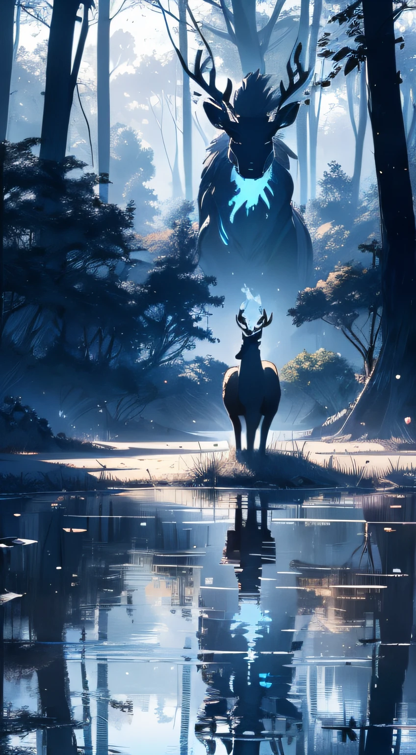 (masutepiece), Best Quality, ghostly deer in a dark flower field, River, reflection, Trees, Messy, blue spectrum, fronds, Fog, Medieval fantasy, dark fantasy style, Beautiful corner, Four legs, 4K, Convoluted, Detailed, epicd, Gorgeous, Ultrarealistic, amazing view, breathtaking scenery, Blue color scheme, myterious, magic deer, ( Spectral, spectral deer),Solo, butchering a deer by the river'just the edge, deer have long horns, Images that convey a dangerous atmosphere, Beautiful creatures,