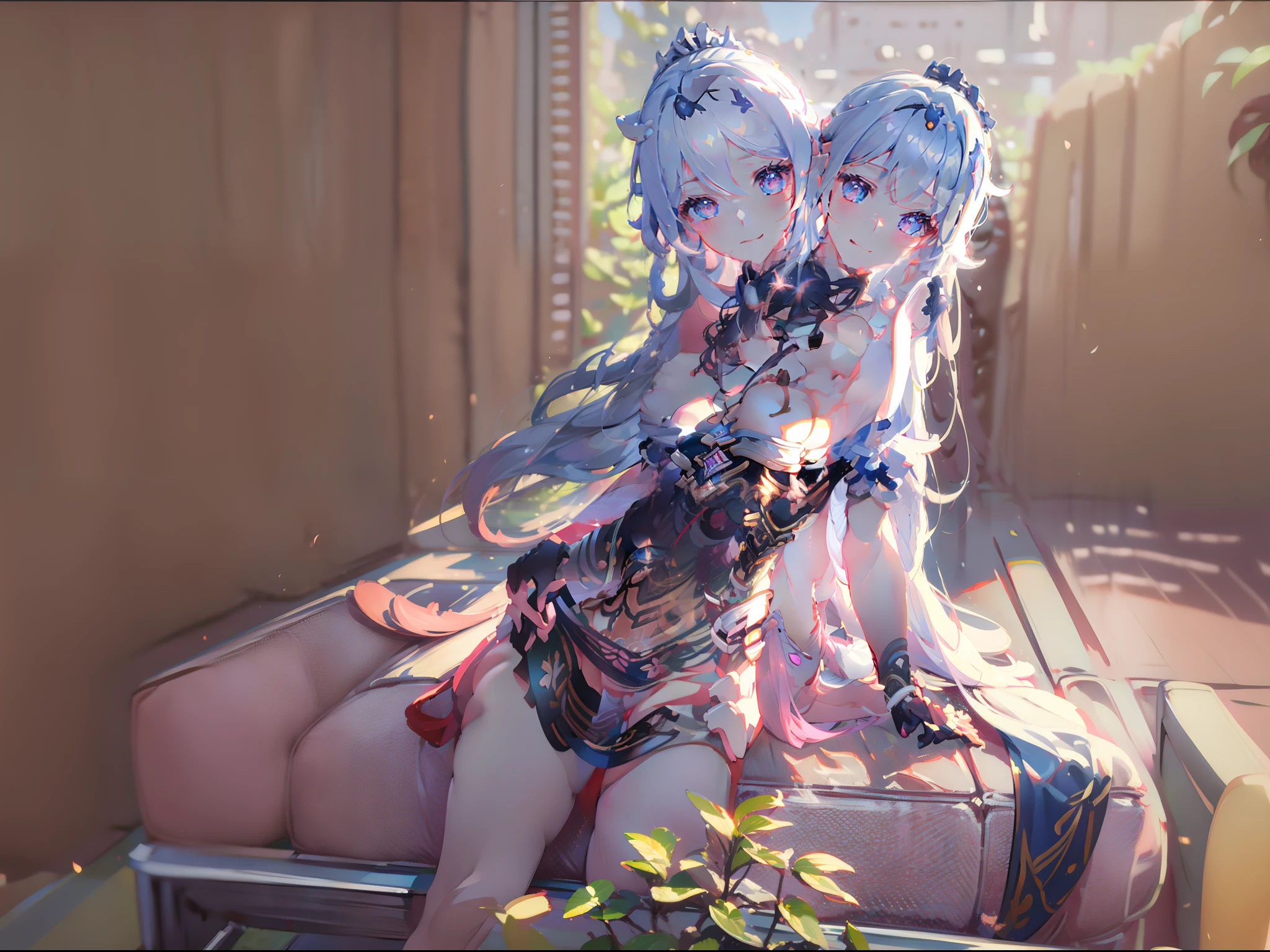 (masterpiece, best quality), best resolution, (2heads:1.5), kiana kaslana character, different hair styles, shoulder length hair, blue eyes, smiling, mouth open, different facial expressions, mouth closed, front yard of pink house, suburban