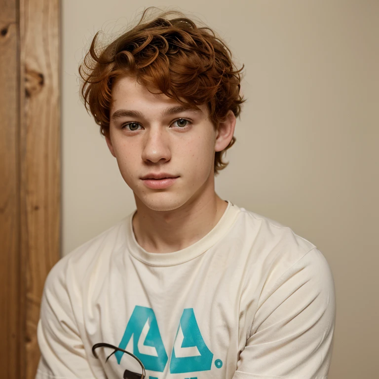 Realistic Photo of a older White and Pale older Teenage Boy, around 19 years old with curly short orange hair, brown eyes, and slightly chubby cheeks, a little nerdy looking and not super handsome