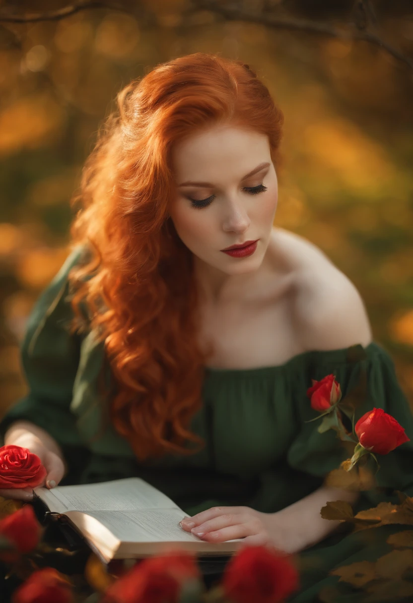 Portrait Focused Realistic Photography of Pale Ginger Orange Redhead Girl in the Forest with Medium Dress and Medium Sleeves Black Flower and Carnation Orange and Red Roses Prints. On a green lake with leaves all around reflecting the sky Warm lights hanging in the middle of autumn Spring, Bokehn effect of water drops, she is holding a red fox on her lap, notebook na frente