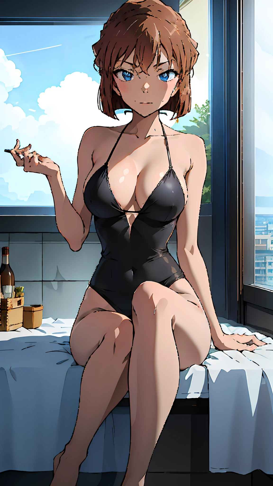 Realistis， 1girll， parted lip， Blushlush， putting makeup on， slim， Perfect body， Shallow smile bedroom background ， wetclothes， with light glowing， upper legs， eBlue eyes， exposed bare shoulders， 鎖骨， a narrow waist， rays of sunshine， rays of sunshine， rosette， ventania，， （tmasterpiece）， sweat leggs，1个Giant Breast Girl, Brown hair,short detailed hair,eBlue eyes,full bodyesbian,Wearing black transparent dress with translucent cloth, V-chest clothes, see-through cloth, flowing salmon silk, translucent silky dress, flowing magical flesh robe, translucent cleavage dress, Sexy lingerie camisole, silky garment, flowing pink silk, Draped in flowing fabric, flowy fabric，(tmasterpiece, Best quality at best, high qulity, A high resolution, ultra - detailed)