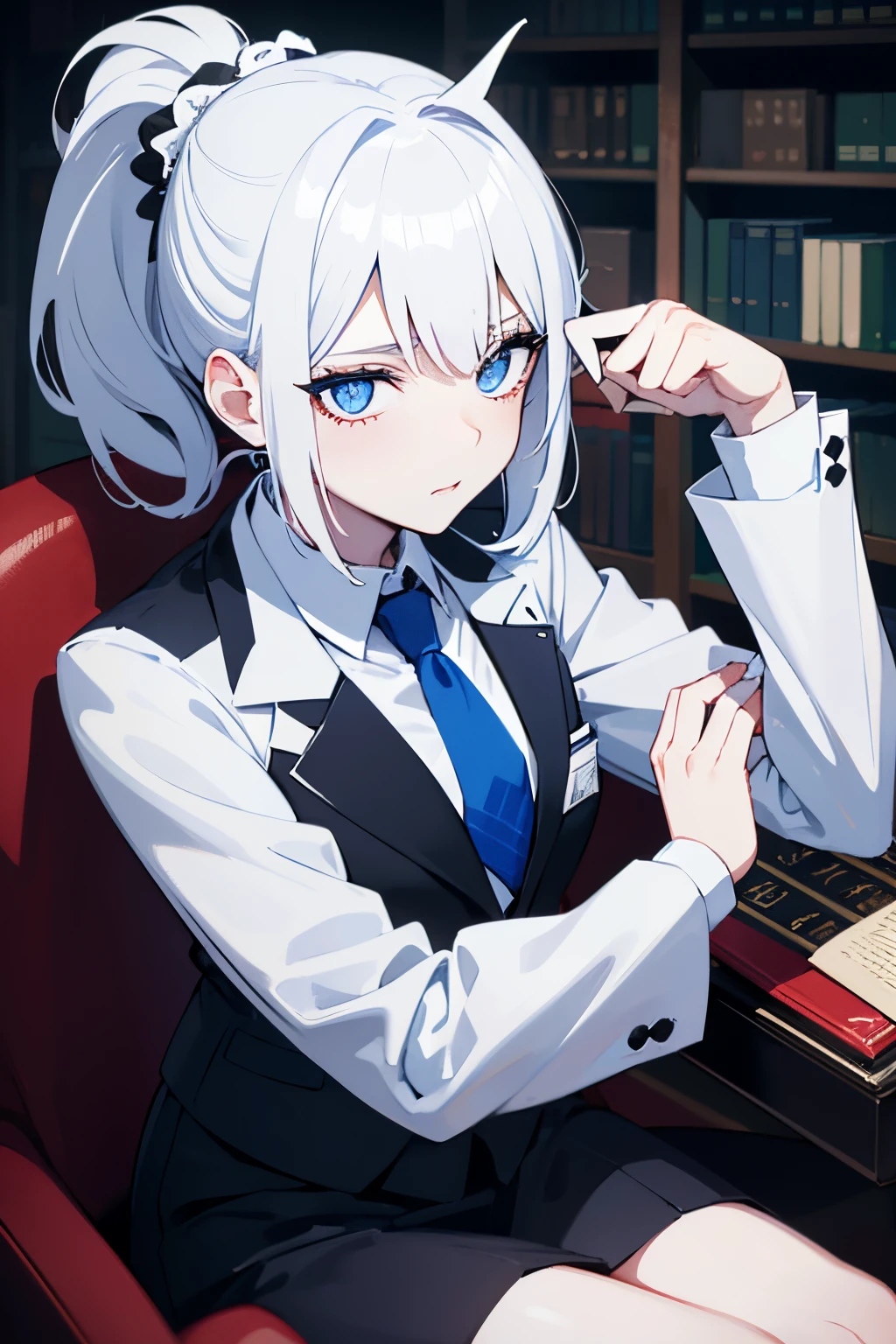 white hair, short ponytail, right blue eye, left white eye, white skin, scary eyes, chuckle, blood on cheek, suit with blue patterns on the left, dark blue tie, library background, sitting on a chair, hd, highres