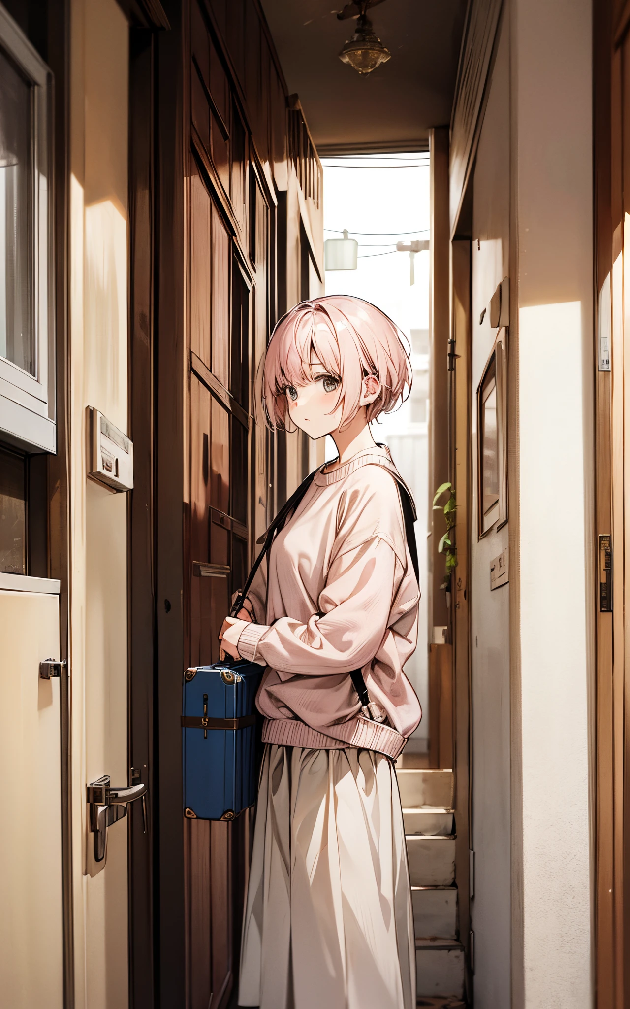 springtime、She has a short cut、Light pink color、Wearing a light sweater、In front of the entrance of an old apartment room、carrying cardboard luggage、