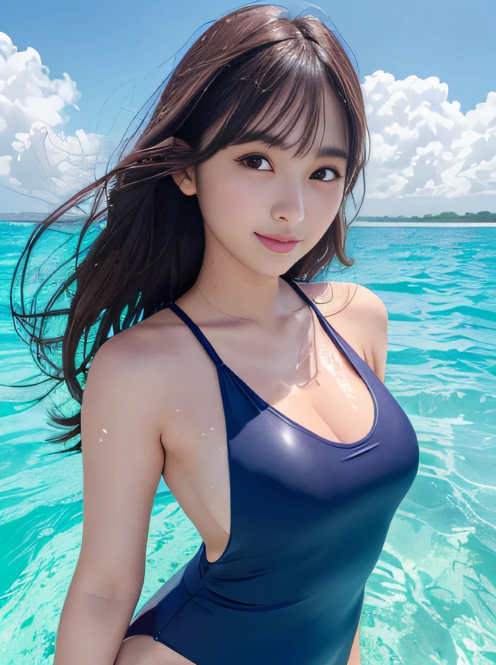 (8K, Raw photo, Best Quality, masutepiece:1.2), high-definition RAW color photography, professional photograpy,(Realistic, photographrealistic:1.2), ((Best Quality)), 1girl in, A Japanese Lady,  Beautiful, extremely pretty, cute like a doll, Lori, female idol, round big eyes, drooping eyes, small nostrils, Narrow waist, (Detailed ultra-oily shiny skin:1.1), oily shiny thighs, (New one-piece school swimsuit in beautiful dark blue color:1.2), (matte fabric swimsuit:1.4), (Brown hair:1.2), shyly smile, (Large breasts:1.3), Semi-long hair, (Maldives:1.2), (Beautiful light blue water surface:1.2), No waves, Swimming, sexypose, Wet hair, Wet swimsuit,