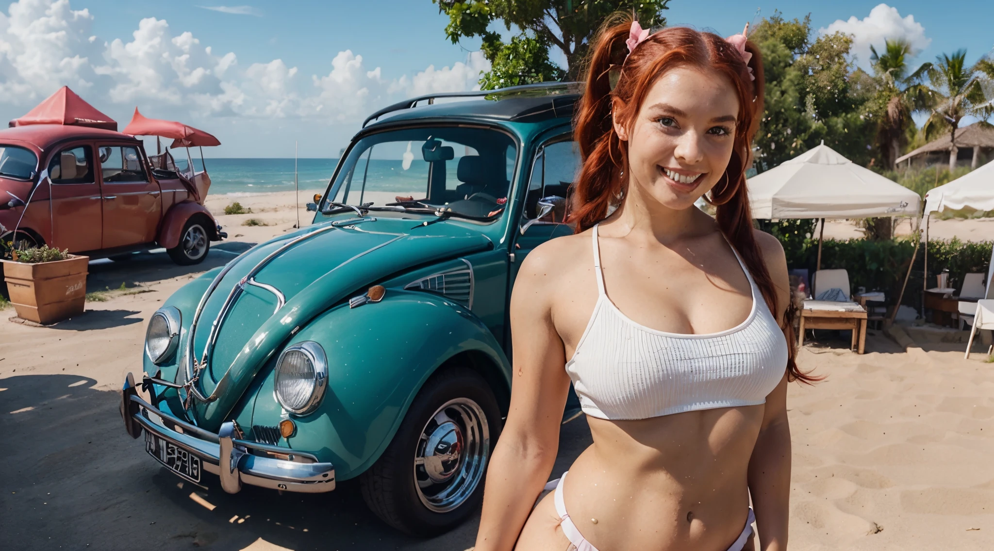 Gorgeous strong woman wearing a scandalous school girl outfit with pig tails in her hair, standing in front of a Shiny Classic VW Beetle by the beach, youtube thumbnail, blue sky, High detail, 8k, Bright red hair, green eyes, athletic, big smile, white teeth