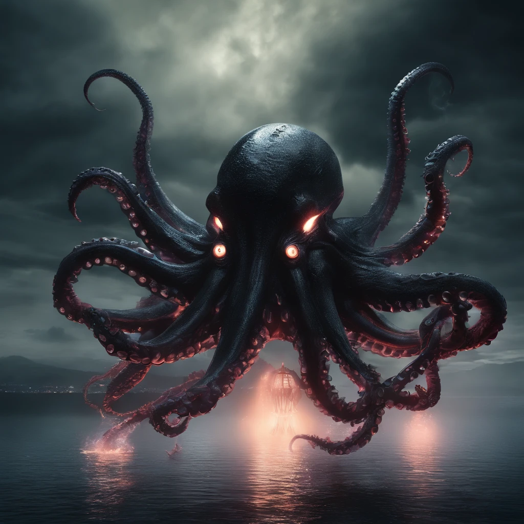 (Giant octopus monster), Cthul mythical creature (glowing light eyes: 1.5), with her mouth open, a winter and a spring, extremly high detail, (high brightness: 1.5), 4K, unreal 5 render, Best quality, tmasterview, Rendering with Octane, looks extremely dangerous, Its huge body is shocking, Its huge body is exposed in the sea, partial, There are many ships on the sea, (Black smoke looms: 1.5), (glowing effect: 1.3),((Light particles)),Unable to see the whole body clearly, desperate and scary, The atmosphere is oppressive, Spectacular, Hero swings sword, Fight back bravely, real face