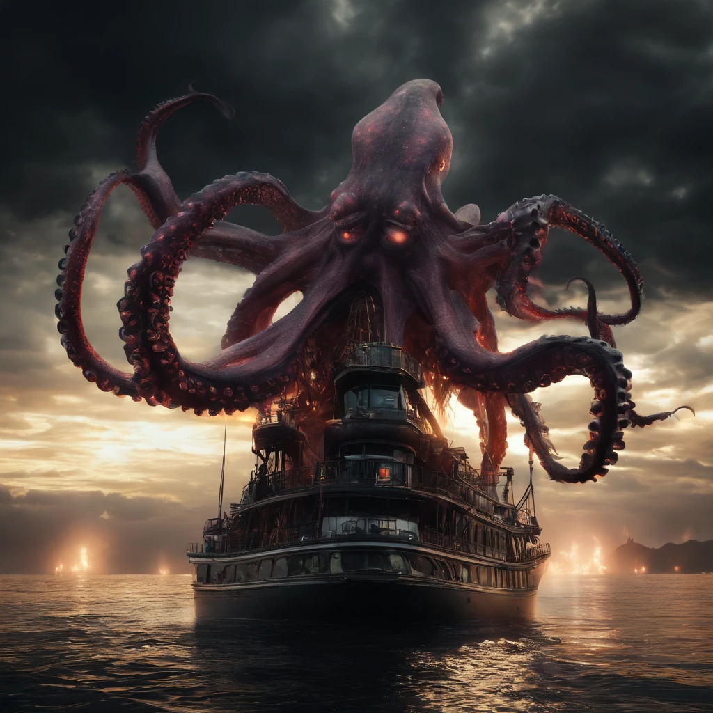 (Giant octopus monster), Cthul mythical creature (glowing light eyes: 1.5), with her mouth open, a winter and a spring, extremly high detail, (high brightness: 1.5), 4K, unreal 5 render, Best quality, tmasterview, Rendering with Octane, looks extremely dangerous, Its huge body is shocking, Its huge body is exposed in the sea, partial, There are many ships on the sea, (Black smoke looms: 1.5), (glowing effect: 1.3),((Light particles)),Unable to see the whole body clearly, desperate and scary, The atmosphere is oppressive, Spectacular, Hero swings sword, Fight back bravely, real  face