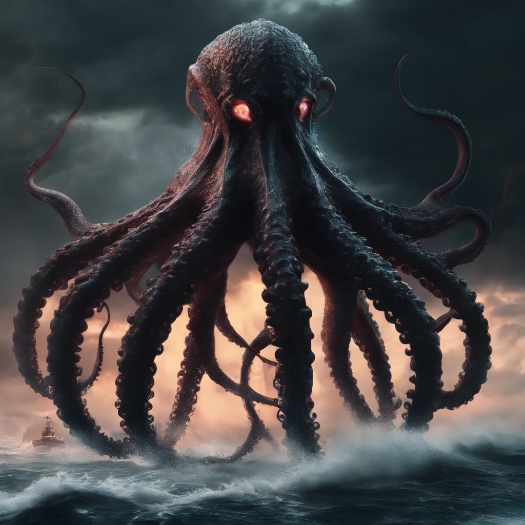 (Giant octopus monster), Cthul mythical creature (glowing light eyes: 1.5), with her mouth open, a winter and a spring, extremly high detail, (high brightness: 1.5), 4K, unreal 5 render, Best quality, tmasterview, Rendering with Octane, looks extremely dangerous, Its huge body is shocking, Its huge body is exposed in the sea, partial, There are many ships on the sea, (Black smoke looms: 1.5), (glowing effect: 1.3),((Light particles)),Unable to see the whole body clearly, desperate and scary, The atmosphere is oppressive, Spectacular, Hero swings sword, Fight back bravely, real face