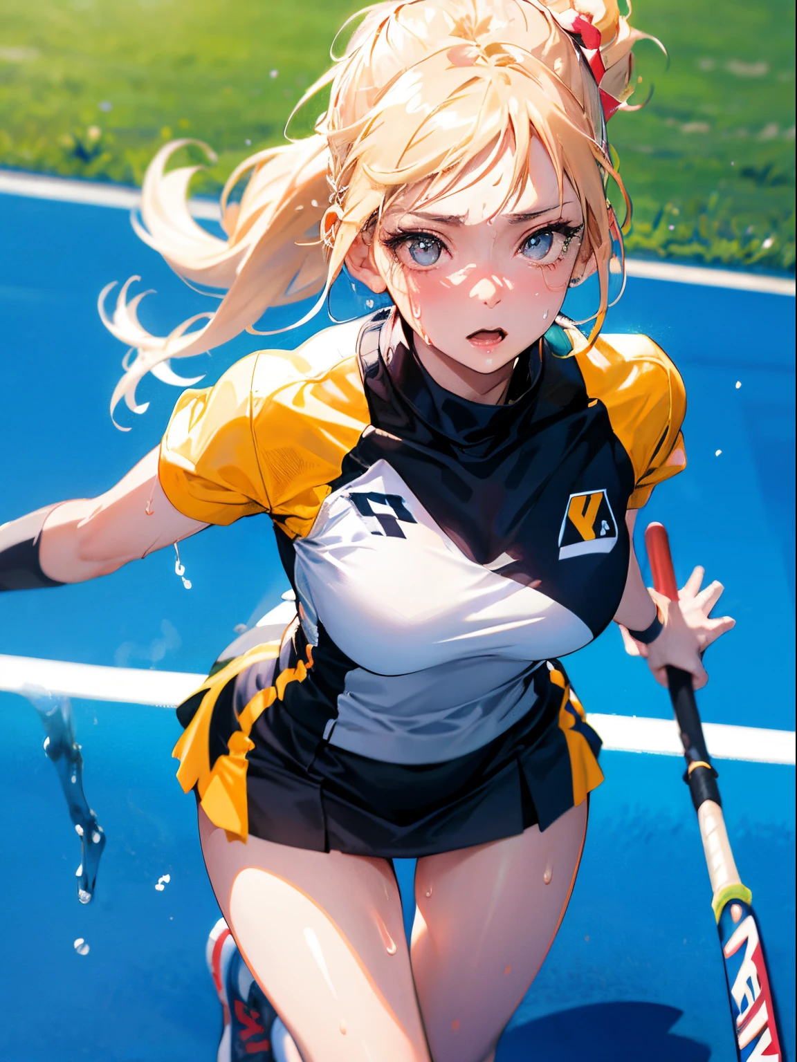 Best Quality, masutepiece, High resolution, (Anime Heroine Illustration), Anime Paint, 1beautiful girl ,Dynamic Angle,Female field hockey athlete,small head,Large breasts,nice legs, Glowing skin, Sweat,At the field hockey venue ,Detailed beautiful face,Large eyes,detailed hairs,detailed skins,Realistic Skins,Sweat,detailed clothes,from above