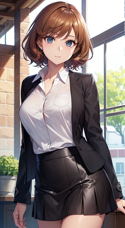 ((Tabletop, highest quality, High resolution, , Pixel perfect, 4K,))), 1 female teacher, single, alone, beauty、The whole body is visible、 ((Mid-wave hair, bangs, Brown Hair)), ((Brown eyes, Beautiful eyelashes, Realistic eyes)), ((Detailed face, Blushing:1.2)), ((Smooth texture:0.75, Realistic texture:0.65, Realistic:1.1, Anime CG Style)), Mid-chest, Dynamic Angle, Perfect body, (( , , Braless female doctor in a white coat、、, 、))、、Very embarrassing panic smile, 、Black flared skirt、classroom、Sit on a chair、、、(Showing off her white and pink floral lace panties、Spread your legs)、Angle from below)、