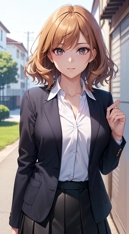 ((master part, best quality, A high resolution, hiper HD, Pixels perfeitos, profundidade de campo, 4k, RTX, HDR))), 1 cinta, only one, sozinho, menina anime bonita, belo estilo de arte, figura do anime, ((cabelos longos, franja, Cabelo de cor roxa, curly hair:0.8)), ((olhos azuis, olhos arredondados, beautiful eyelashes, olhos realistas)), ((Rosto detalhado, Corar:1.2)), ((textura suave:0.75, Realistic texture:0.65, fotorrealista:1.1, estilo anime CG)), medium breasts, Dynamic angle, Corpo Perfeito, , ((gravata borboleta vermelha, Uniforme escolar, Black jacket, jaqueta aberta, Brown Cardigan, camisa branca, black skirt, saias xadrez)), sorrir,Escolas