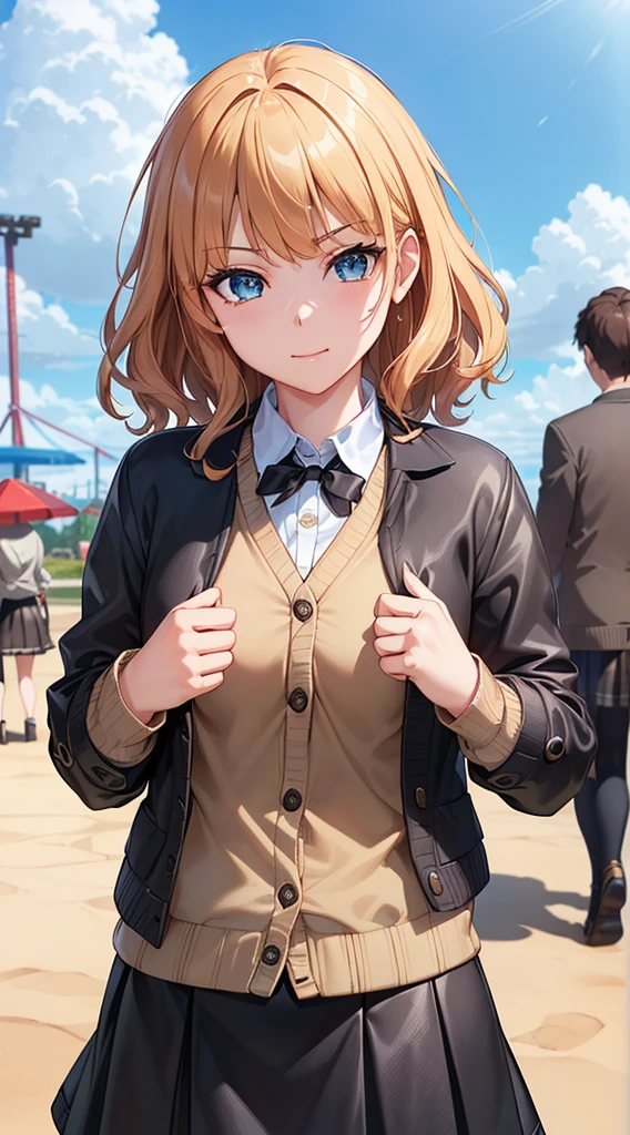 ((master part, best quality, Altas, UHD, pixel perfeito, profundidade de campo, 4k, RTX, HDR))), 1girl, only one, sozinho, menina anime bonita, estilo de arte bonito, personagem de anime, ((cabelos longos, franja, brown hair, curly hair:0.8)), ((olhos vermelhos:1.4, olhos arredondados, beautiful eyelashes, olhos realistas)), ((Rosto detalhado, Corar:1.2)), ((textura suave:0.75, Realistic texture:0.65, fotorrealista:1.1, estilo anime CG)), medium breasts, Dynamic angle, Corpo Perfeito, ((retrato, Pov)), ((gravata borboleta vermelha, Uniforme escolar, Black jacket, jaqueta aberta, Brown Cardigan, camisa branca, black skirt, Saia xadrez)), feixe de sorriso, amusement park