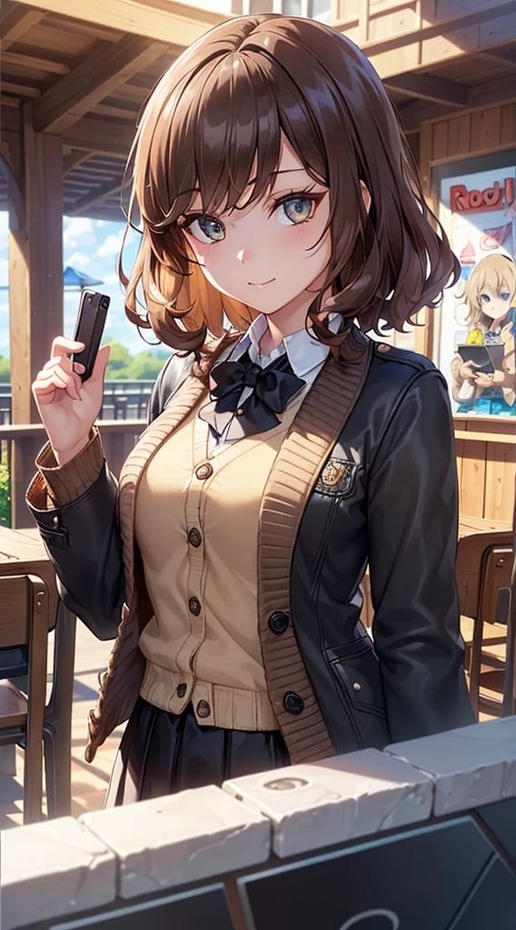 ((master part, best quality, Altas, UHD, pixel perfeito, profundidade de campo, 4k, RTX, HDR))), 1girl, only one, sozinho, anime bonita, estilo de arte bonito, personagem de anime, ((cabelos longos, franja, brown hair, curly hair:0.8)), ((olhos vermelhos:1.4, olhos arredondados, beautiful eyelashes, olhos realistas)), ((Rosto detalhado, Corar:1.2)), ((textura suave:0.75, Realistic texture:0.65, fotorrealista:1.1, estilo anime CG)), medium breasts, Dynamic angle, Corpo Perfeito, ((retrato, Pov)), ((gravata borboleta vermelha, Uniforme escolar, Black jacket, jaqueta aberta, Brown Cardigan, camisa branca, black skirt, Saia xadrez)), feixe de sorriso, amusement park