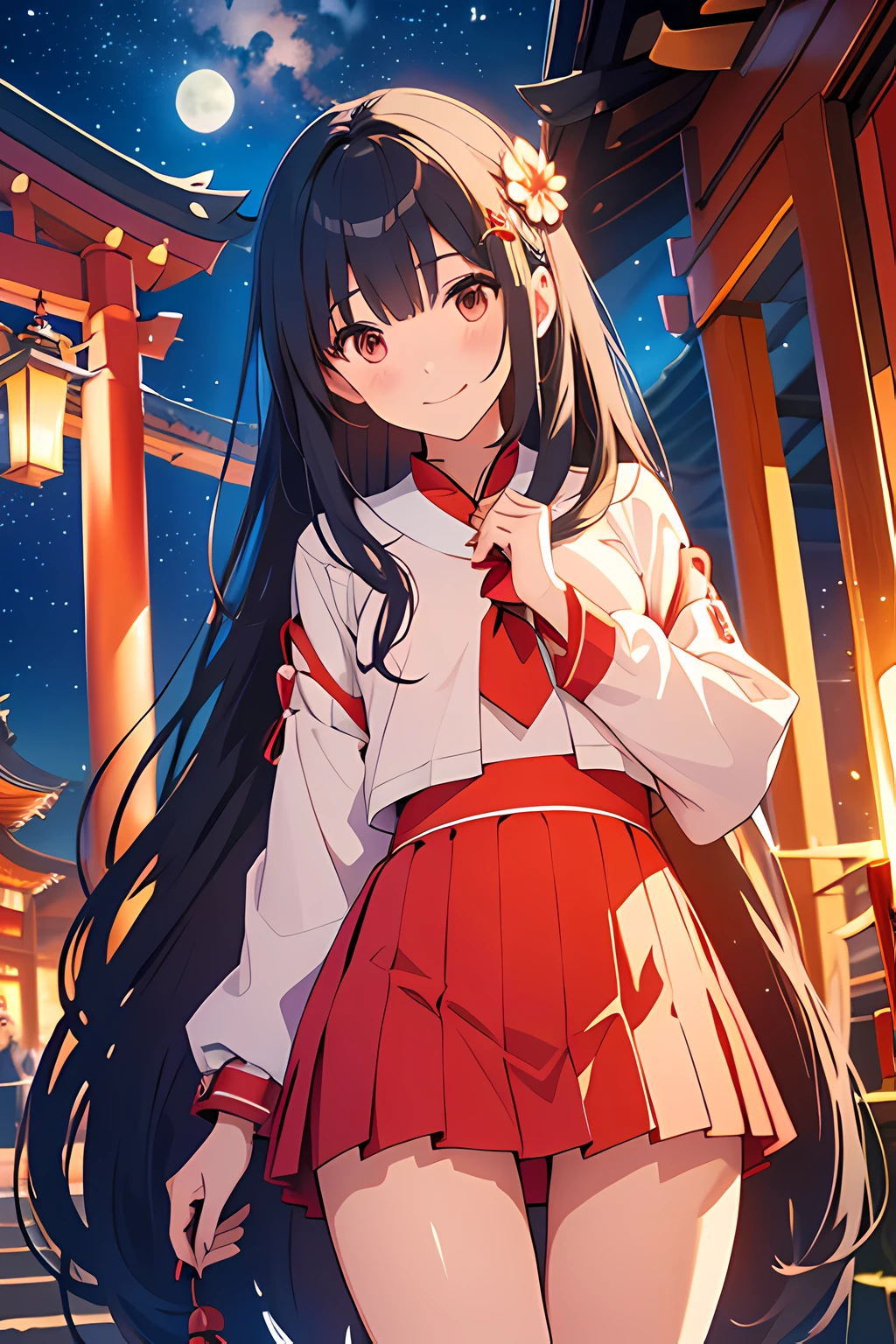 Miko costume、Adult Woman、A smile、natta、In front of the shrine、Shrine precincts、lantern、Black hair Long hair、straight haired、Mini skirt、starrysky、lamp lights、from the thighs up、