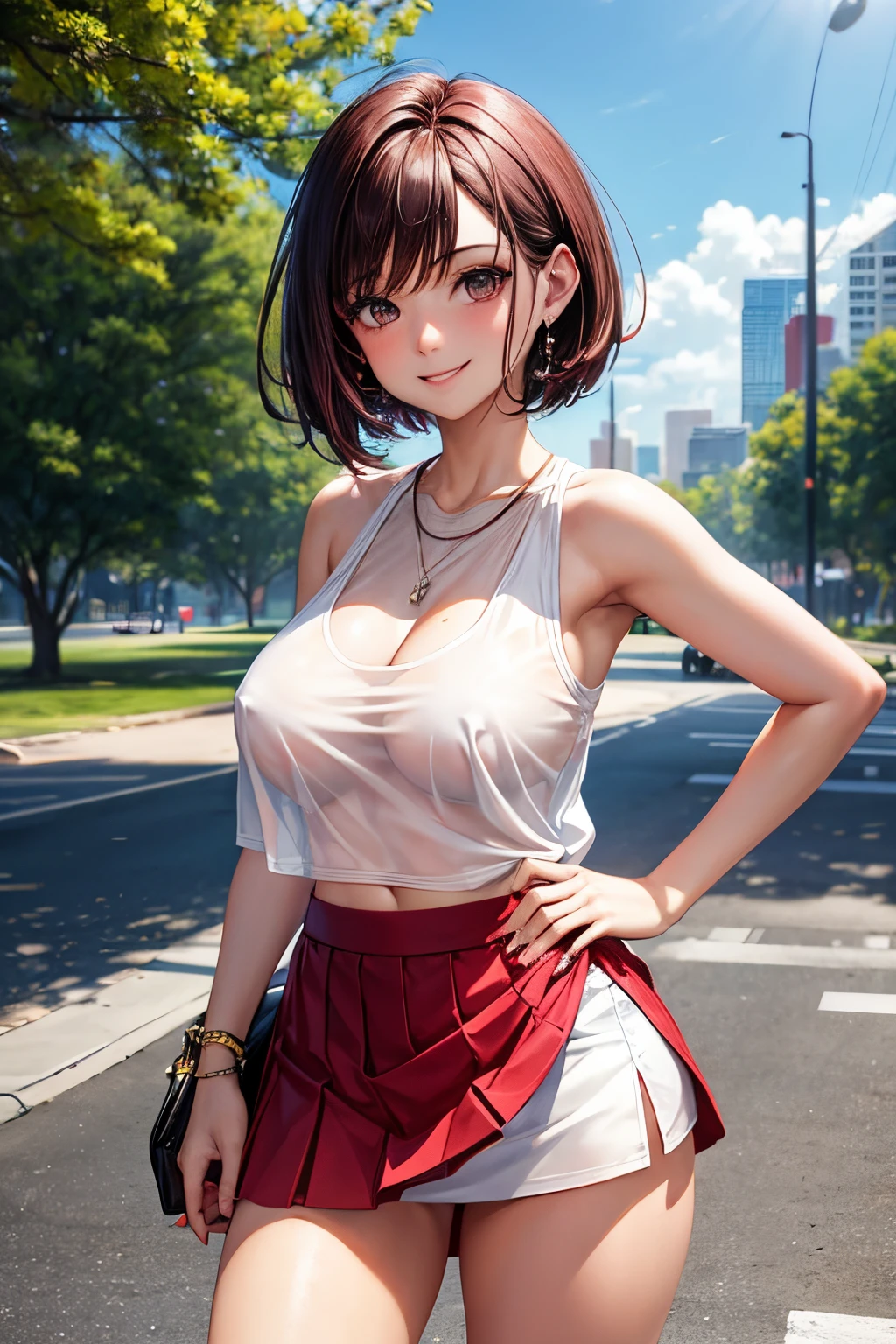 maroon mini skirt,tank top,white see-through,indianred nipples standing out from under clothing,teacher,standing,large breasts,cute face,beautiful face,smiling,short hair,from front,public park,masterpiece, extremely fine and beautiful,photorealistic