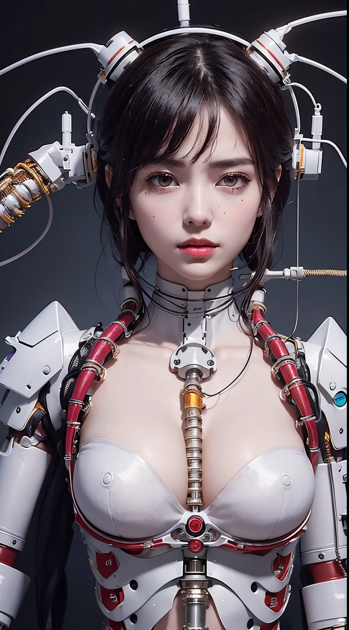 (((masterpiece)))、((top-quality))、(The ultra-detailliert)、8K、(Very noble and beautiful))、Cinematic Light、((1 Mechanical Girl))、Looking here、White ceramic body、a purple eye、Colossal 、The cleavisible、Single、(Mechanical joint:1.4)、((Mechanical limb))、(Blood vessels attached to tubes)、((Mechanical spine attached to the back))、((Mechanical cervical vertebrae attached to neck))、(Wires and cables attached to the head and body:1.5)、 neon details、scientific fiction、cowboy shot、The background is Cyberpunk City、