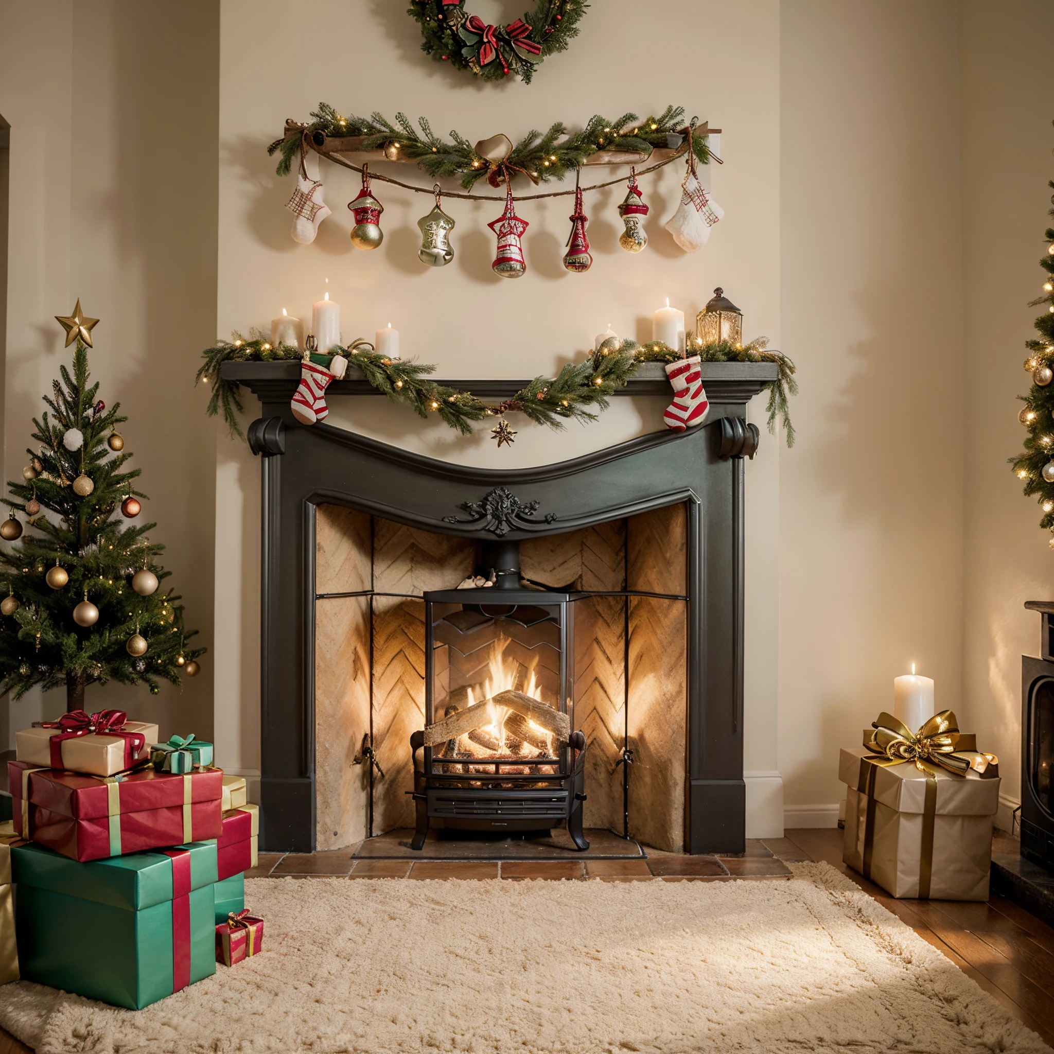A cozy Christmas interior in cartoon style with a dark green, yellow, mustard, turquoise, and pastel color palette. The main focus of the image is a beautifully decorated Christmas tree surrounded by gifts. The tree is filled with colorful ornaments, tinsel, and twinkling lights. The gifts under the tree are wrapped in various patterns and sizes, adding excitement and anticipation to the scene. The fireplace is crackling with a cozy fire, casting a warm glow on the room. Stockings are hanging on the mantel, waiting to be filled with treats. The room is filled with joy and holiday spirit, with cheerful illustrations on the walls and a whimsical patterned carpet. The overall style is cute and playful, with cartoonish elements adding a touch of whimsy. The colors are vibrant and cheerful, creating a festive atmosphere. The lighting in the room is soft and warm, creating a cozy ambiance. This image is of the best quality, with ultra-detailed elements that bring the scene to life. It has a realistic, photorealistic feel, capturing the magic and joy of Christmas.