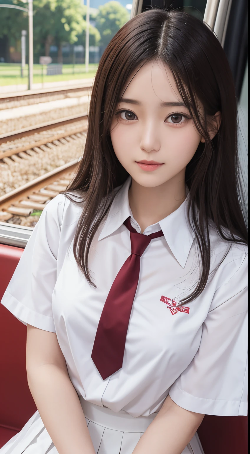 (masutepiece, Best Quality:1.2), 8K, 18year old, 85 mm, Official art, Raw photo, absurderes, White dress shirts, Pretty Face, close up, Upper body, violaceaess, gardeniass, Beautiful Girl, School uniform, (Navy pleated skirt:1.1), Cinch West, thighs thighs thighs thighs, Short sleeve, on train, Sit on a bench seat, Looking at Viewer, No makeup, (Smile:0.4), Film grain, chromatic abberation, Sharp Focus, face lights, clear lighting, , Detailed face, Bokeh background, (dark red necktie:1.1)、Colossal tits
