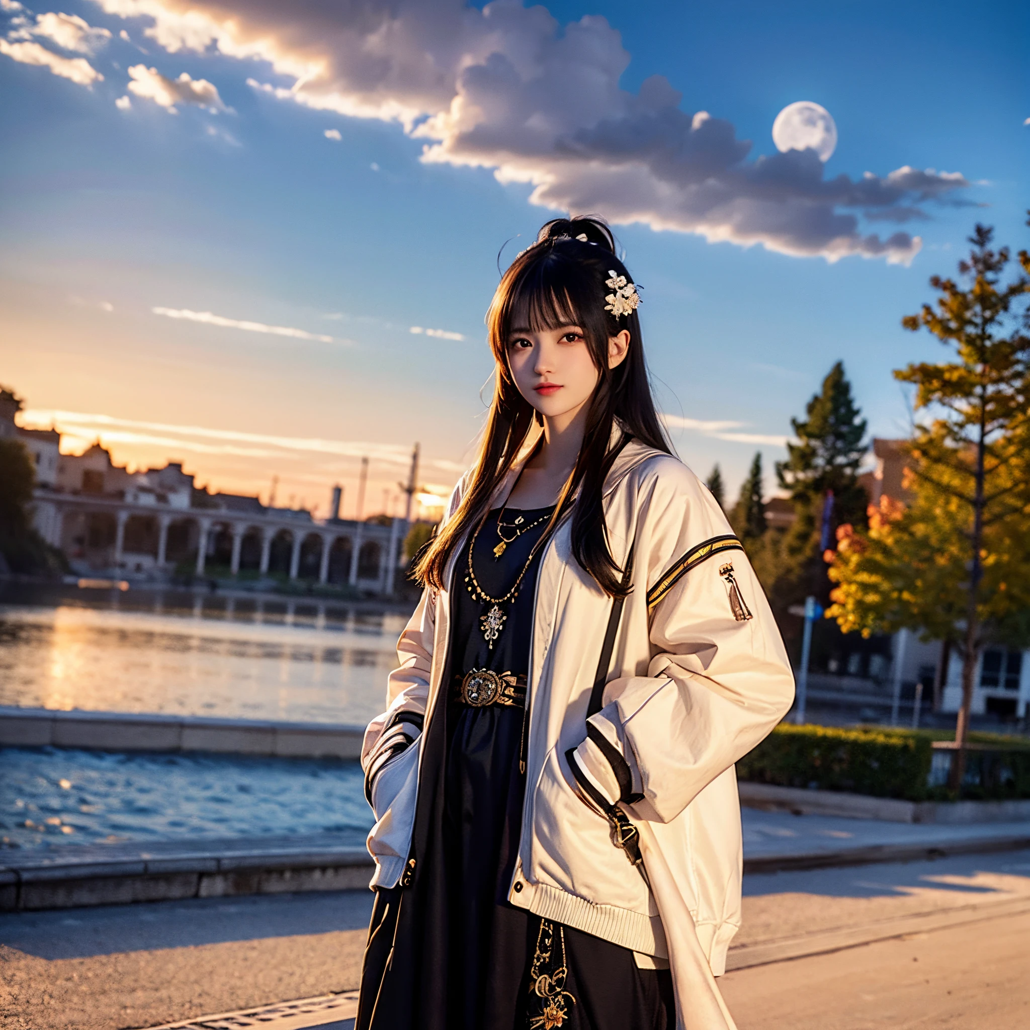 (splash of color),colorful splash,Colorful,tmasterpiece,Best quality, beautifully painted,The content is very detailed,(Denoising:0.6 ), (beautiful detailed sky),themoon,The content is very detailed, Best quality, Highly detailed CG Unity 8k wallpaper,tmasterpiece, Best quality, ultra - detailed, limited palette, one-girl, (Hands in pockets 1:1.3),largeeyes,Beautiful outfit,Broken, Flower background