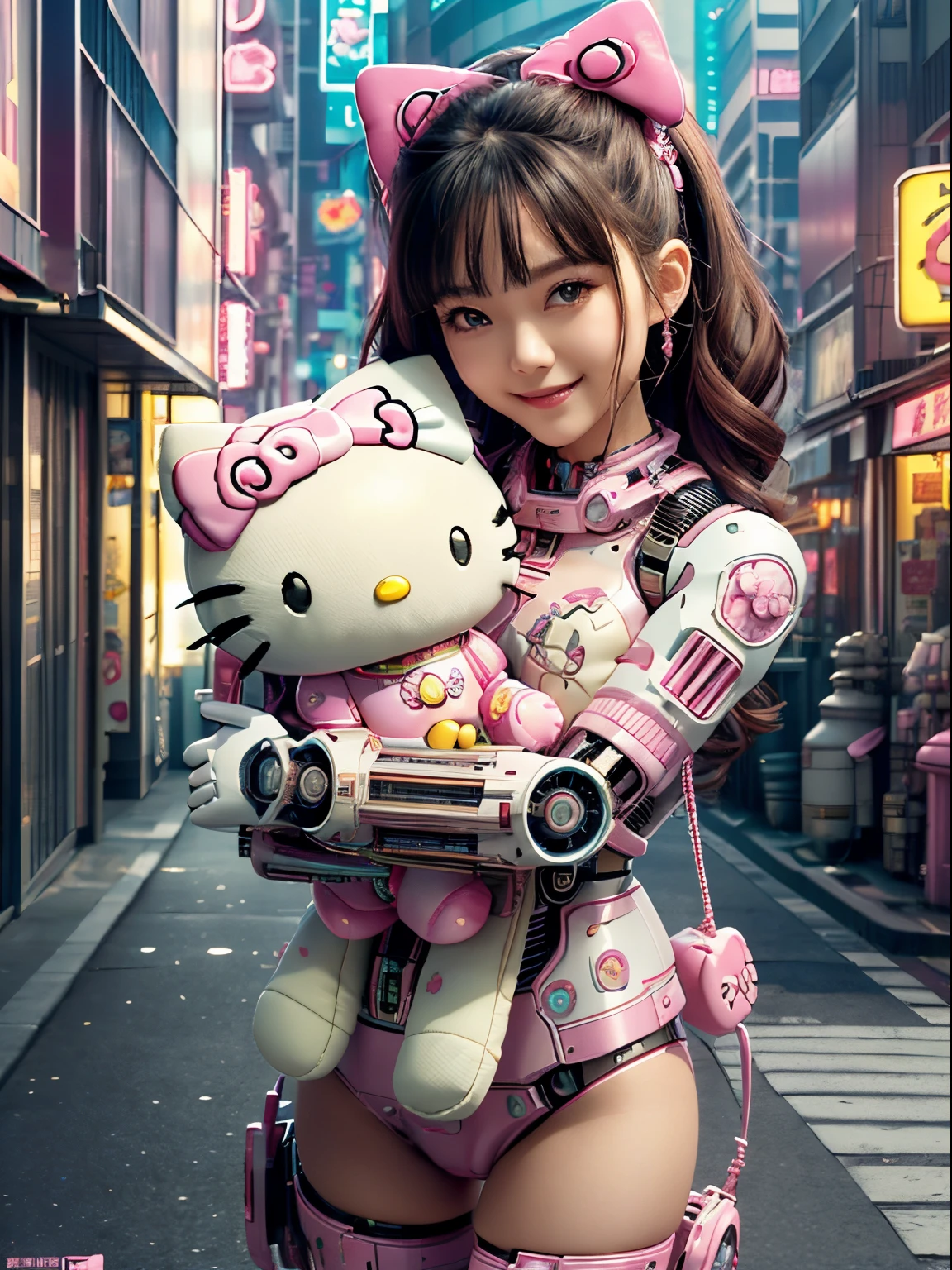 best quality, 4K wallpaper, masterpiece, extremely detailed CG unity 8k wallpaper, extremely detailed eyes, ultra-detailed, intricate details, 
1girl, scifi, (h1c4tt3ch mecha, hugging hello kitty doll, cyberpunk, neon city happy, smile, hello kitty, adorable, cute, dynamic pose