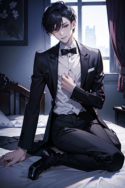 1 Boy, dark hair, short hair, white shirt, black slacks, on sheets, (kneeling:1.0), seiza, (bare one's shirt:1.0), (open clothes:1.5）, cool, (sexy:1.3), Fascinating, evil smile,(parted lips), pale skin,(background: on bed in bedroom, the light, closed curtains), deep in the night, The dim, (Facing forward.:1.0),(Looking forward:1.0), Turn body to the front, (night:1.0), high quality, high resolution, masterpiece