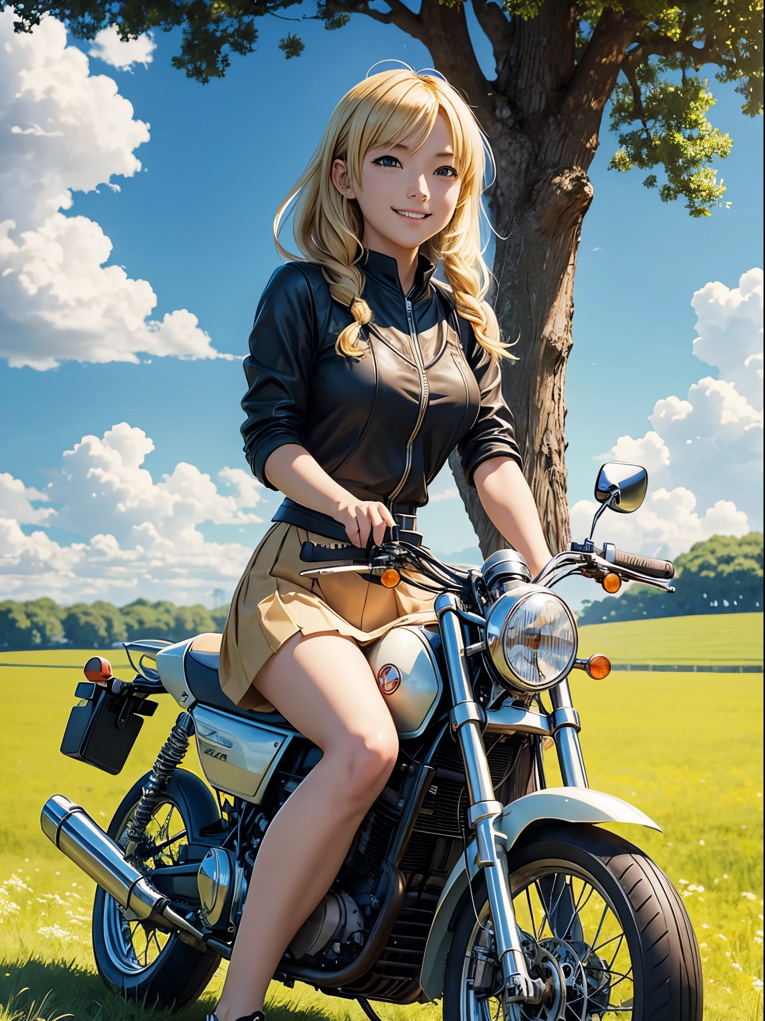 anime scene, summer field in day light, clear sky, puffy clouds, beautiful anime landscape, anime movie background, high quality desktop wallpaper, landscape wallpaper, from very distance under a tree, there is a pretty blonde girl, wearing short skirt, sitting on a old classic honda motorcycle facing smiling to the viewer