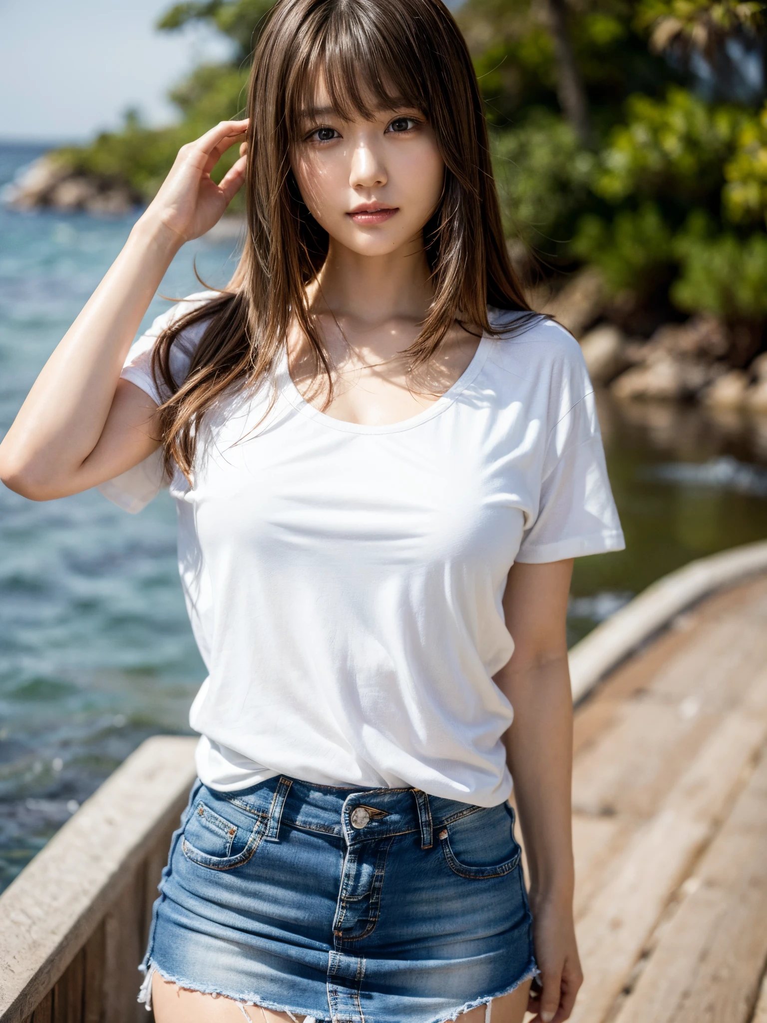 8K,Best Quality, masutepiece, ultra-detailliert, 超A high resolution, Photorealistic, Raw photo, absurderes, absolutely resolution, 1girl in, Full body, Looking at Viewer,a Japanese young pretty woman, hyper cute face, Glamorous figure, Large breasts,Long bob hair,Smile, (White t-shirt and denim miniskirt:1.3),Gravure pose on a beautiful beach ,Glossy lips, Beautiful detailed eyes,Double eyelids in both eyes, Natural makeup, Glossy smooth light brown long bob hair, asymmetrical bangs, Shiny skin, central image, High resolution, high detailing, detailed hairstyle, Detailed face, spectacular movie lighting, Octane Rendering, Vibrant, Hyper realistic, Perfect limbs, Perfect Anatomy