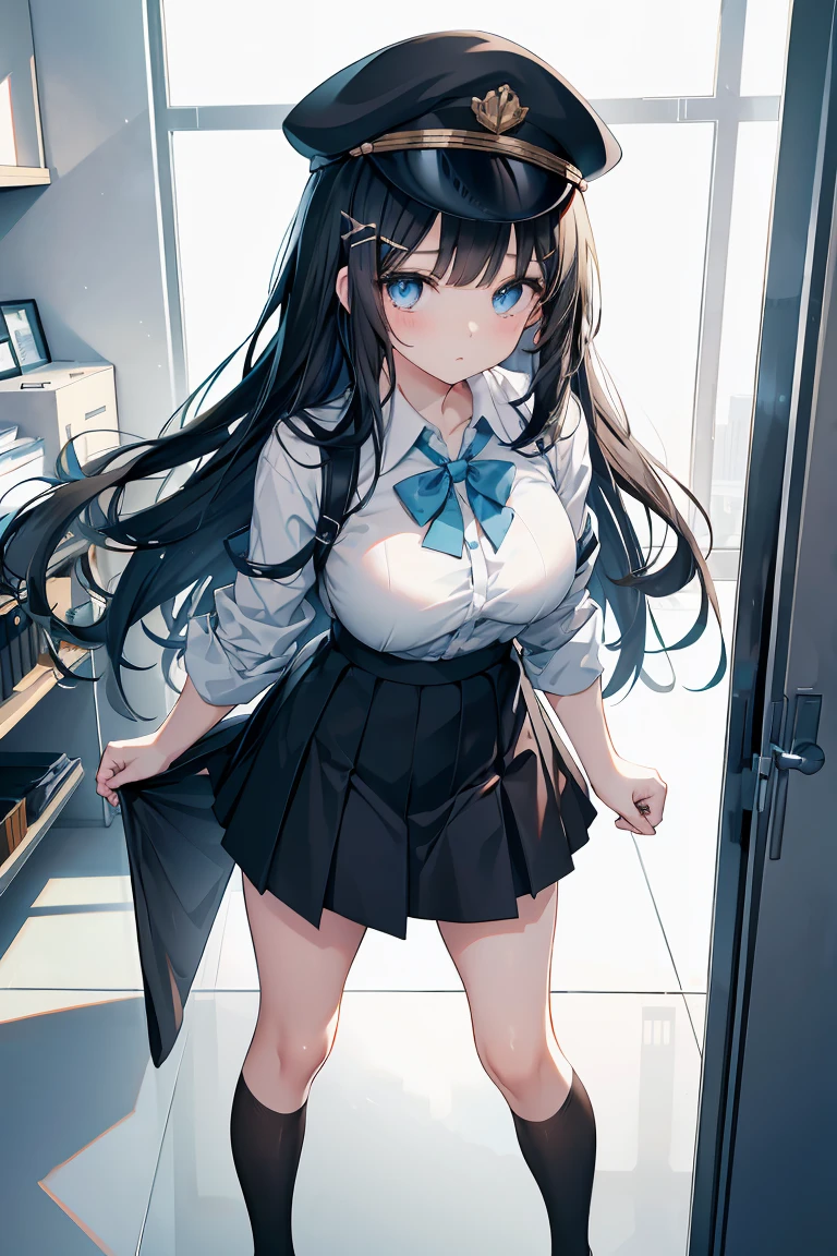 an anime girl, 1 person, black hair, hair clip on the right side of her bangs, black cap, light blue eyes, white women's shirt, small light blue bow on the chest, office uniform, shirt  close-fitting, tight skirt, stockings,full body, big breasts, front view, solo