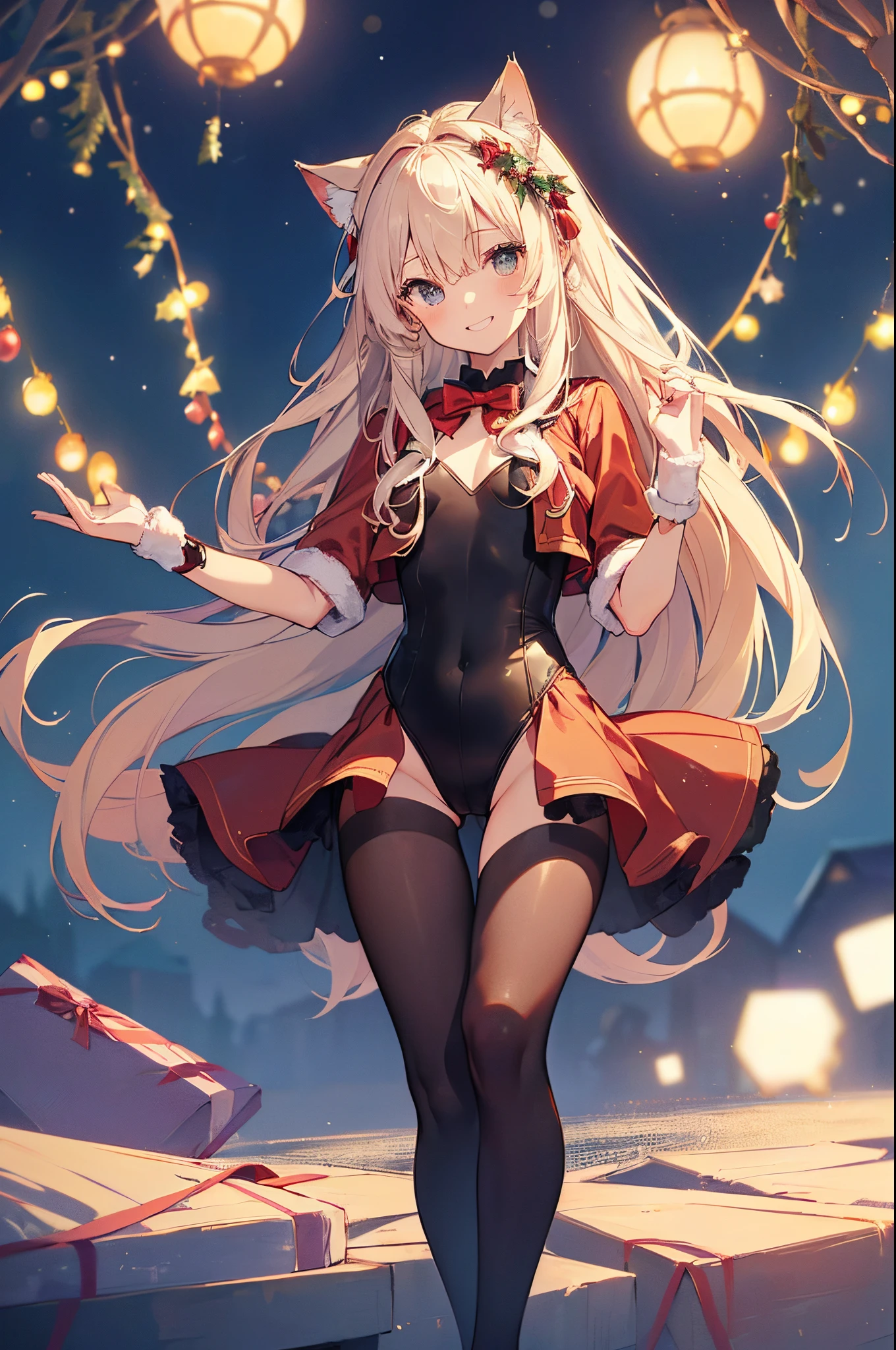 ((2D beautiful girl、top-quality、Perfect Finger 1.5、Perfect Anatomy 1.5、extremely delicate and beautiful illustration))、(Blur the background:1.3、(transform sequence)、((santa leotard))、ars、(beautiful slender girl)、Fractal Art、babye、((sht long hair))、Beautiful big drooping eyes:1.1、Small, open-mouthed smile、(Full body depiction:1.1)、(1 persons)、Christmas Party、Cat's ears、leotard、christmas leotard、(tights)、