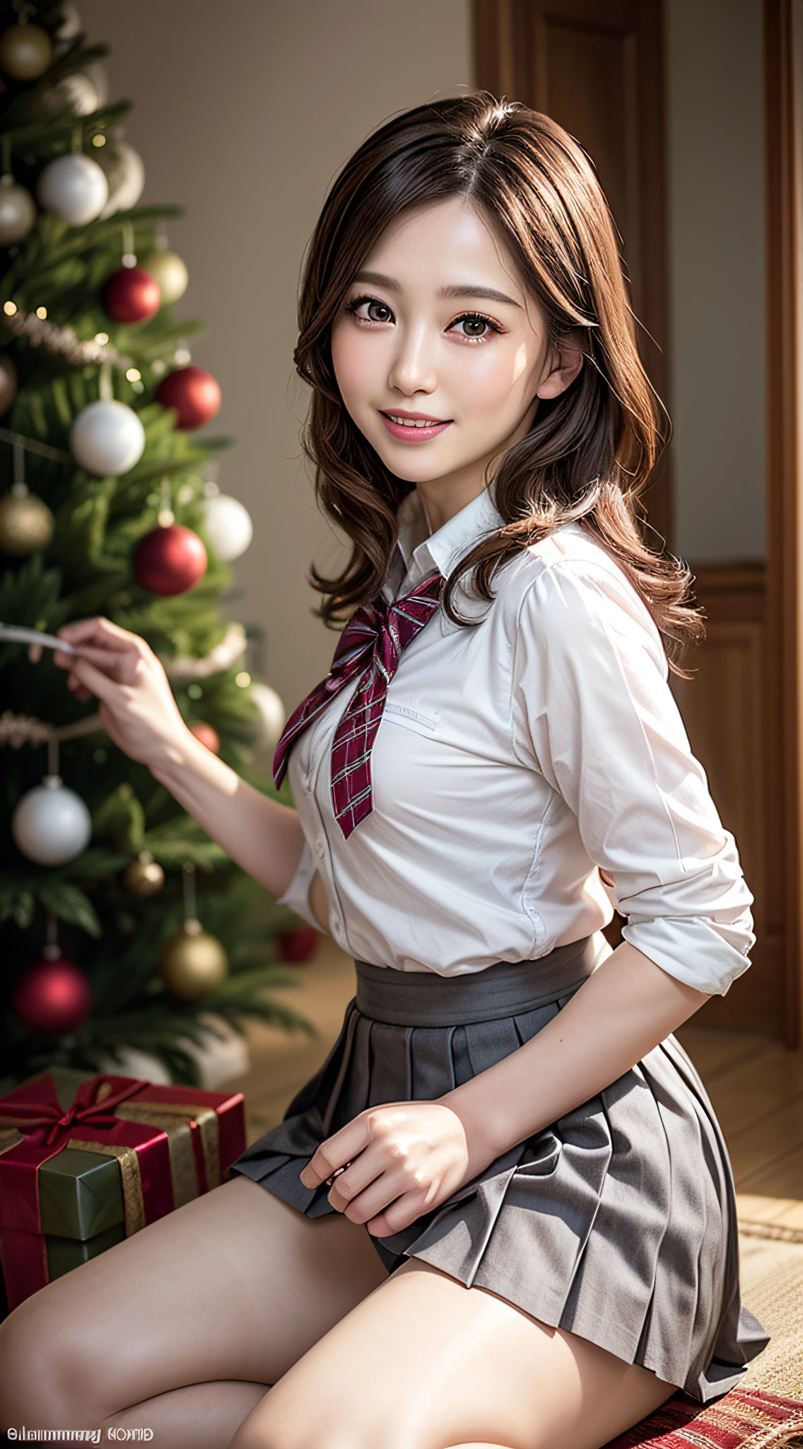 (1 cute girls), Extremely cute, Amazing face and eyes, (Beautiful lovely smile), (extremely detailed beautiful face), bright and shiny lips, (School uniform, Pleated skirt:1.3), (Best Quality:1.4), (hyper quality), (Ultra-detailed), (Hyper-realistic, Photorealsitic:1.37), Authentic skin texture, intricate-detail, extremely detailed CG unified 8k wallpaper, RAW Photos, professional photograpy, Cinematic lighting, Exposing, Christmas tree, Christmas Ornaments, Christmas Decorations, Christmas Lights, christmas lights,