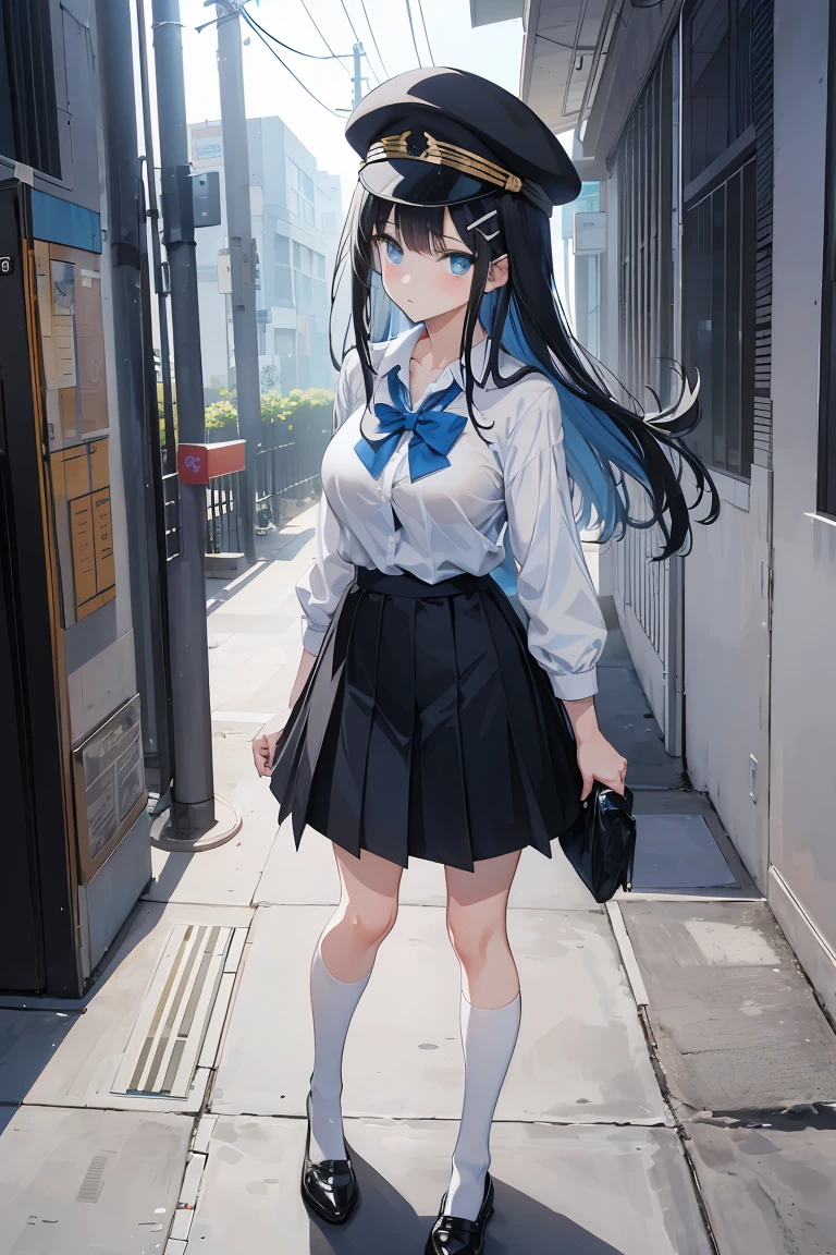 an anime girl, 1 person, black hair, hair clip on the right side of her bangs, black cap, light blue eyes, white women's shirt, small light blue bow on the chest, office uniform, shirt  close-fitting, tight skirt, stockings,full body, big breasts, front view, solo