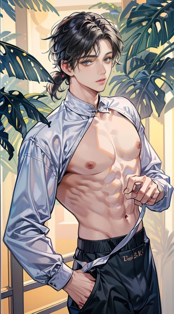 ((best quality)), ((masterpiece)), (detailed), ((best quality)), ((masterpiece)), (detailed), ((best quality)), ((masterpiece)), (detailed), (male), (((a wet handsome man, wearing transparent boxers, with a big dick bulge)))