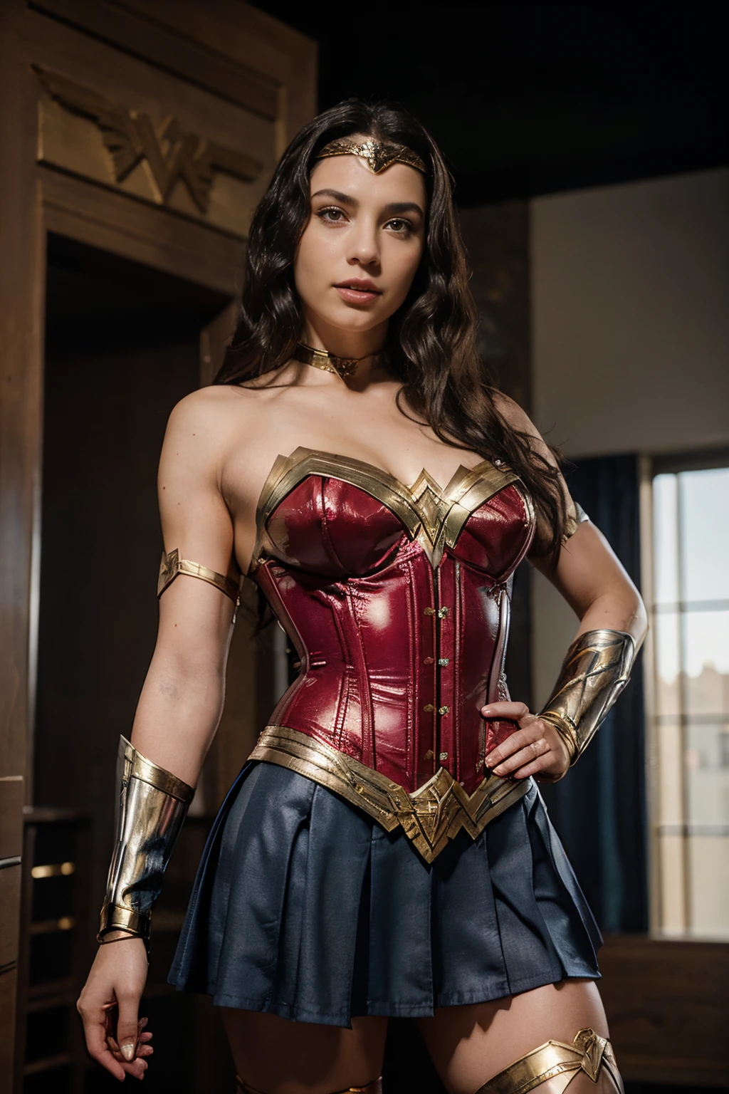 Nia Frost, 26 years old, Italian, black eyes. Detailing the legendary outfit of Wonder Woman: red corset, blue skirt, golden bracelets, and tiara. Confident expression at a medium angle.