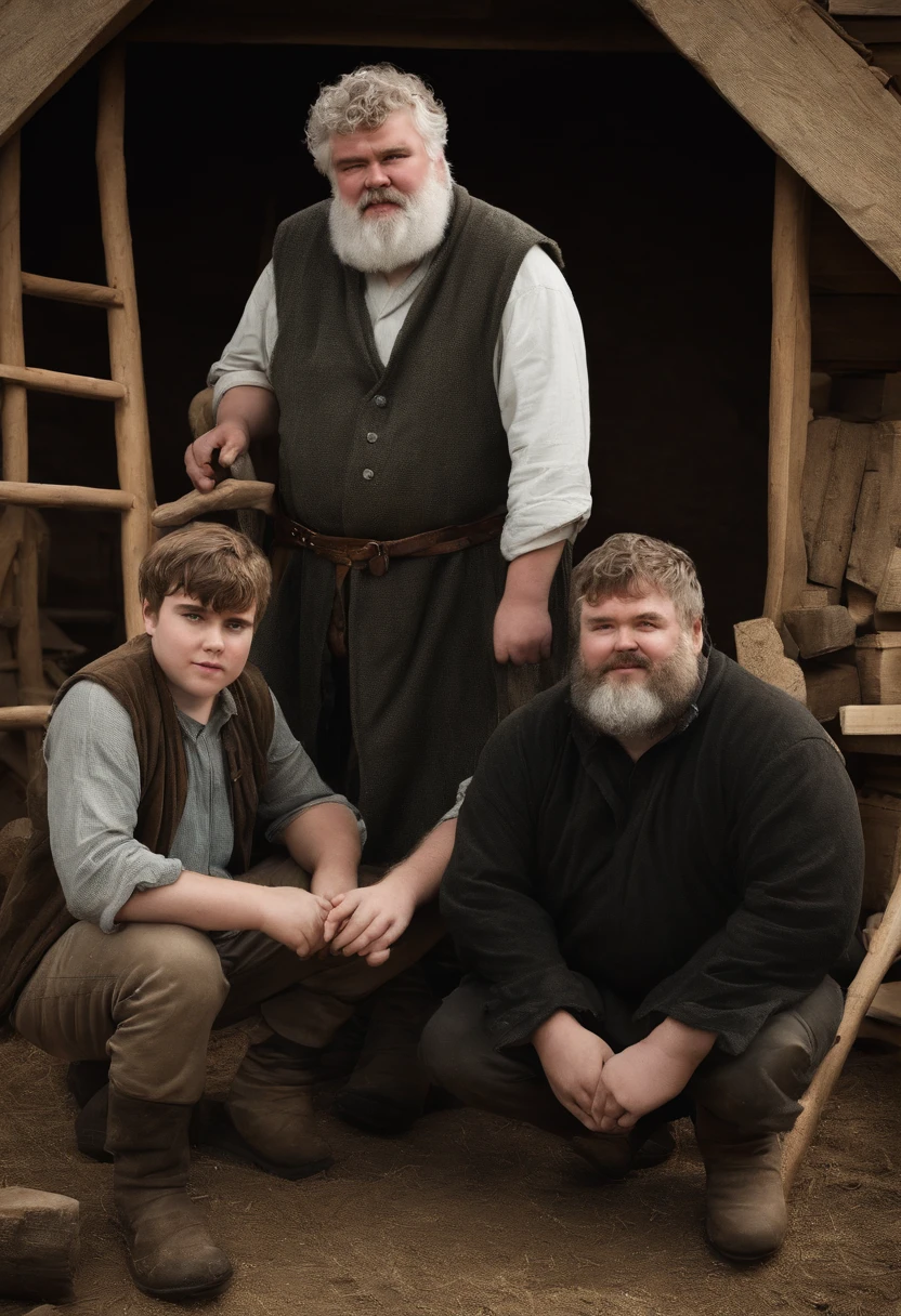 A photo of Hodor and Bran Stark helping villagers rebuild their homes after a devastating storm,Game of Thrones,Hodor, a beloved character from “Game of Thrones,” is notable for his towering height and robust build, giving him a gentle giant appearance. He has a simple, kind face, often marked by a look of confusion or contentment, and his clothing is typically plain and functional, suited to his role as a stable boy. , male
