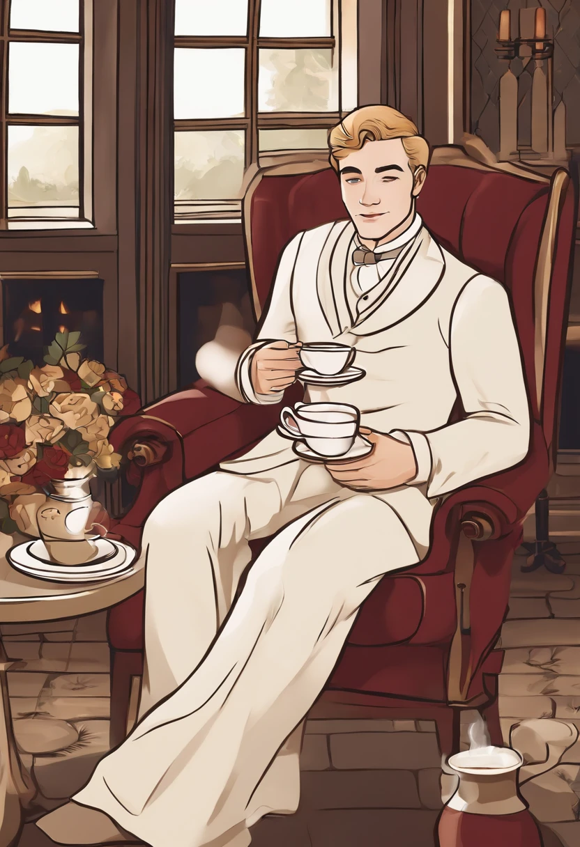 The image is of Ominis Gaunt sitting in a cozy armchair by the fireplace, holding a plate of warm scones and a steaming cup of black tea.,original,Ominis is of average height and quite thin. His skin is very pale but he has a beauty marks. His hair is blonde and swept back. He is blind and his eyes are milky from his blindness. , male