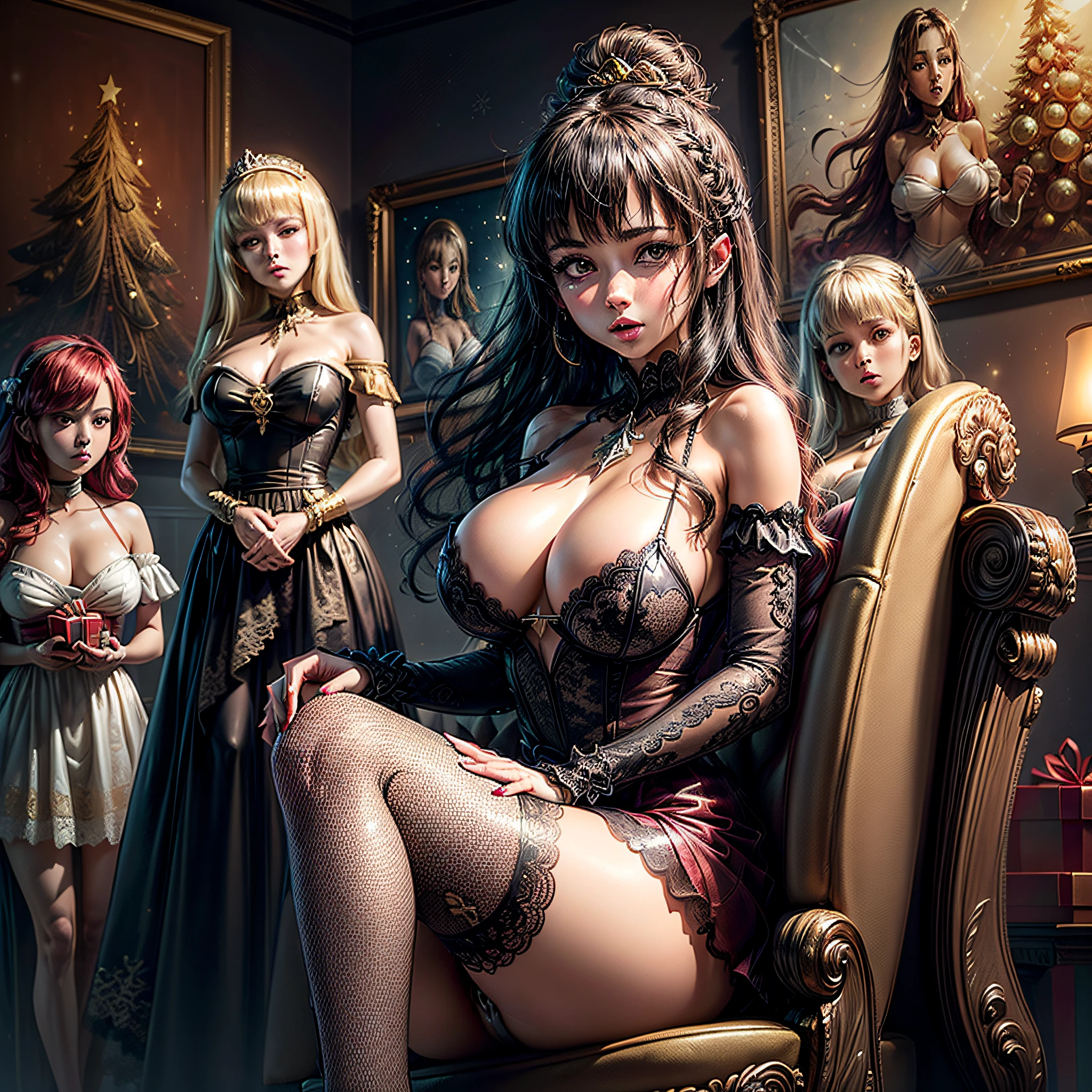 (2girls:1.5), Princess, Long hair, Passionate, (extremely detailed beautiful face), (Beautiful girl in princess dress:1.5), (Lace dress:1.4), Amazing face and eyes, (The sexiest look), (Best Quality:1.4), (hyper quality), (Ultra-detailed), (extremely detailed CG unified 8k wallpaper), Highly detailed, RAW Photos, Professional Photography, Sitting, (Luxurious living room with pictures of girls&#39; sexy boobs on the walls:1.4), (Golden Chair, Golden ornaments, Dazzling brilliance:1.2), Luxurious, Gorgeous, secret, Sexy Shots, Magnificent, great, transcendental scale, sense of freedom, Exposing, (Christmas tree, Christmas Lights, christmas lights, Christmas Ornaments), famous sexy movie scenes,