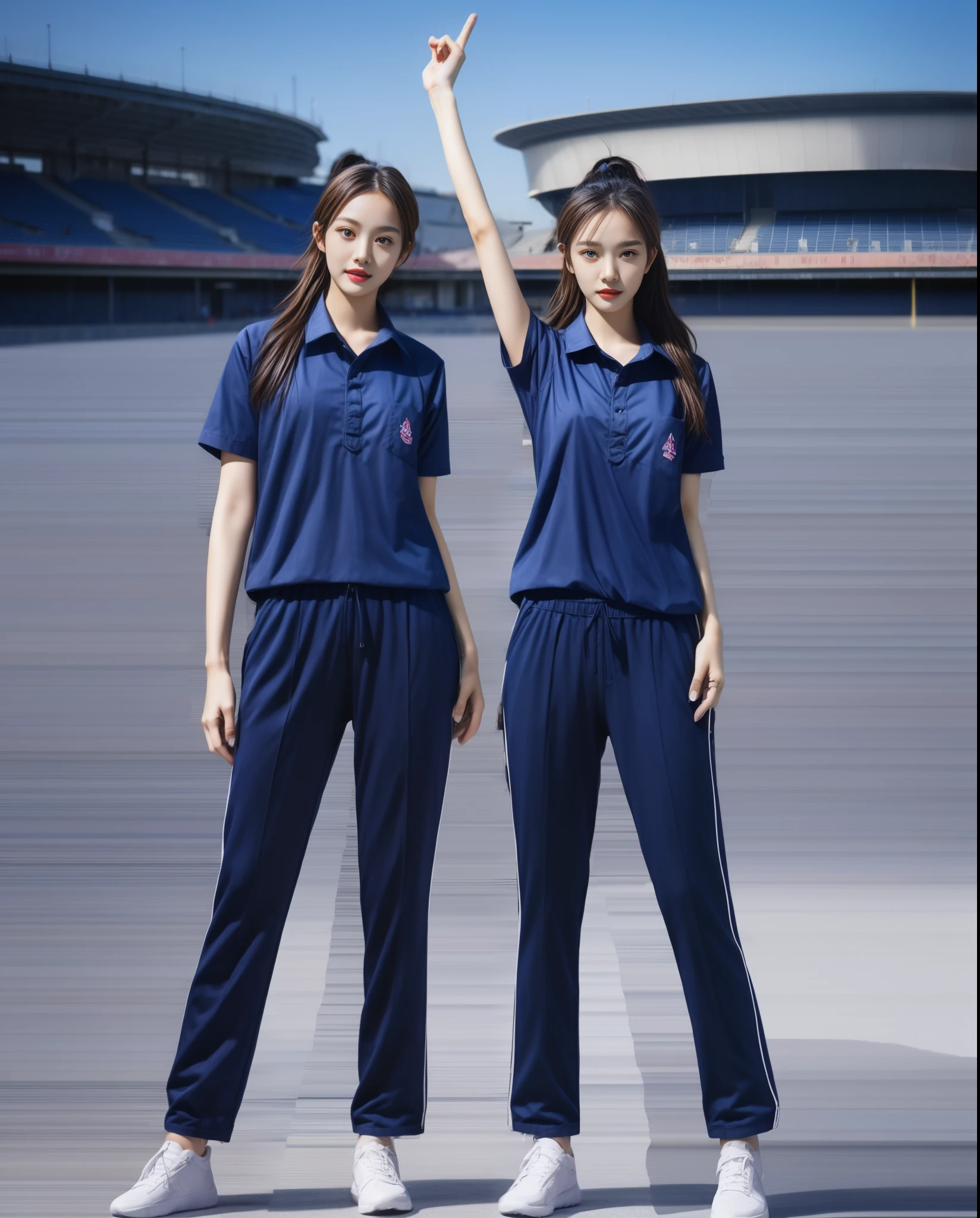 (bestquality,10,10,highres,masterpiece:1.2),ultra-detail,(Realistic,photorealistic portrait,photo-realistic:1.37),1 Cute girl in the football field,oily shiny skin,bara,light smile,BDclothes,((blue shirt:1.3)),short sleeves,shirt, trousers.,(navy_long_Pants Track:1.1), ((Stadium Background:1.3)),dynamic angle,excited,face focus,Dynamic Poses,from behide,Ass Focus,masterpiece, bestquality, ultra realistic, hyper-detail, 8k resolution, RAW photo, crisp focus, ((Navy blue shirt:1.1)), short sleeves, Long Path, Perfect body, 2 mature women, 18yo, cinematic light,Blue sweatpants,Gymware,Correct anatomy,Complete body, Correct body, sharp face, Anatomically correct body, full entire body, Realistic gestures, long-haired, Realistic poses,Wear long shorts...........................,Long leg span,Shapely,Sculpting Girl, Slender Figure, mannequin mannequins, Shapely, Beautiful body,Blue sweatpants, Two girls kissing