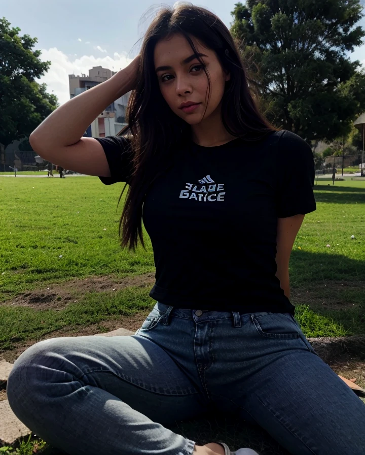 Araffada woman sitting on the grass wearing a black top and jeans., Usar una camiseta sin mangas de corte bajo, Lleva una camiseta negra sin mangas, Llevar un sexy top recortado, con una camiseta sin mangas negra recortada, camiseta negra apretada, con una camiseta sin mangas recortada negra, en el patio, Llevar un chaleco top, pose casual, en el parque, en el parque