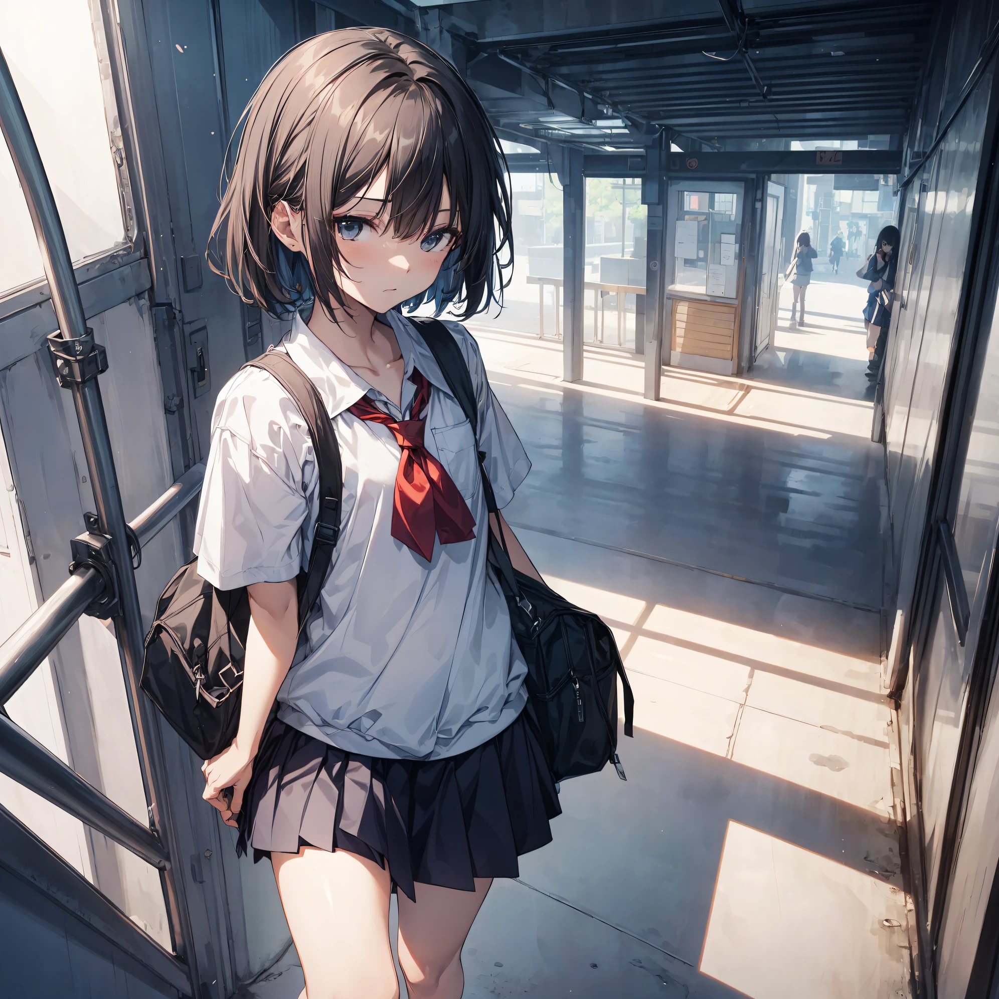 of the highest quality, anime moe art style,Best Anime 8K Konachan Wallpapers,Pixiv Contest Winner,Badass Anime 8K,Perfect Anatomy, (Draw a girl sleepily walking to school. ),BREAK, 1girl in, (Solo,Lori,,13yea:1.3),a junior gynous attraction, (Very short hair),hair messy, Full limbs, complete fingers,flat chest, Small butt, groin, Small eyes,Precise black eyes,disgusted eye, School uniform, Skirt,On the way to school. BREAK,Ultra-detailed,High resolution,super detailed skin, Professional Lighting,8k eye details, (cool illustration:1.2),