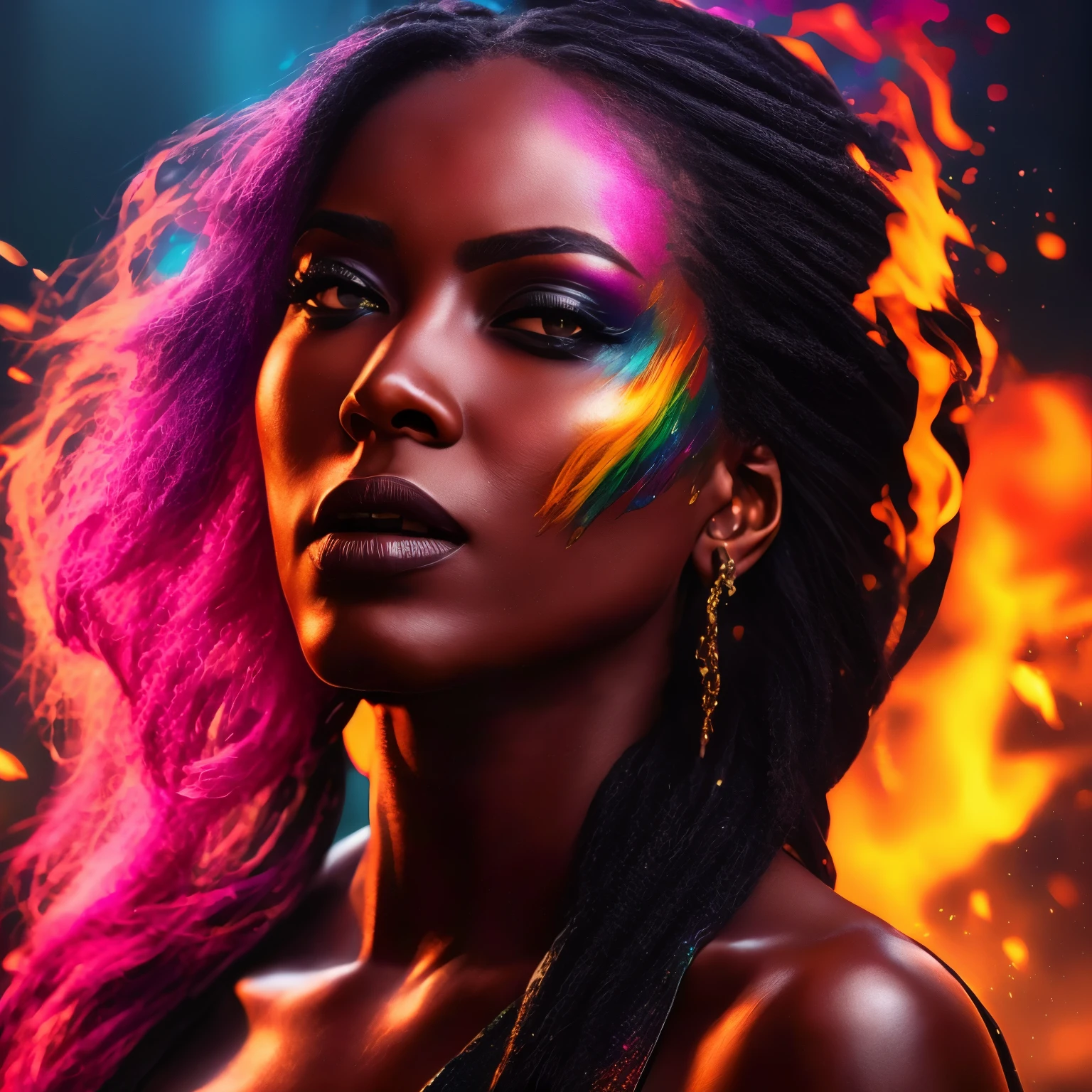 a close up of a woman with a colorful face paint, 8k artistic portrait photography, beautiful digital artwork, dramatic lighting and colors, color photograph portrait 4k, colorfull digital fantasy art, woman made of black flames, vibrant colors hyper realism, glowing rainbow face, stunning digital art, dark skin female goddess of love, stunning digital painting, stunning digital illustration