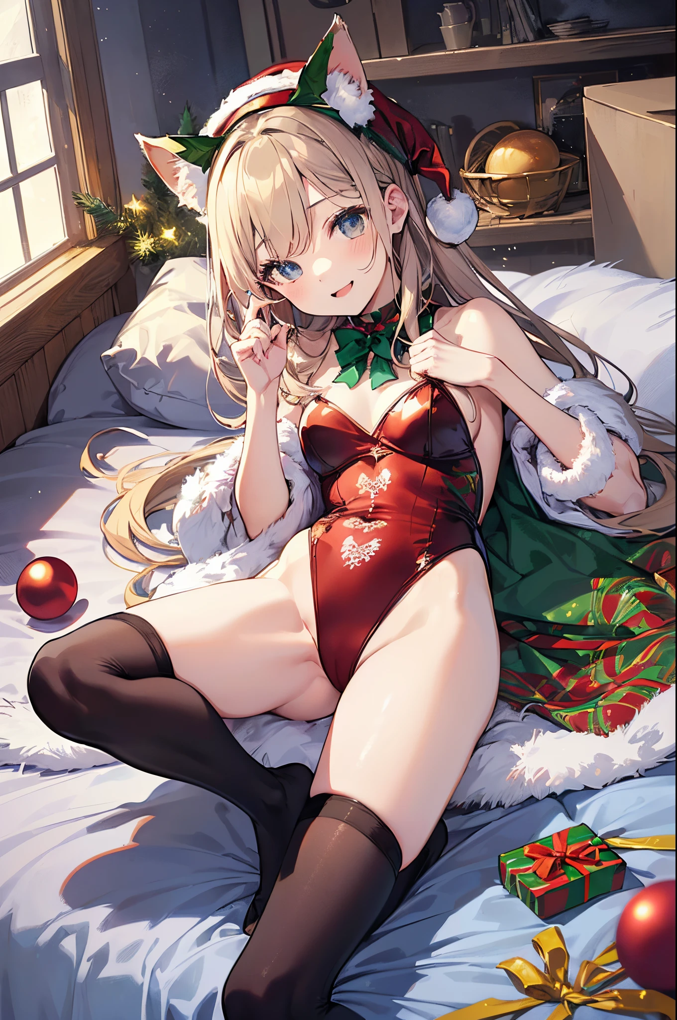 ((2D beautiful girl、top-quality、Perfect Finger 1.5、Perfect Anatomy 1.5、extremely delicate and beautiful illustration))、(Blur the background:1.3、(transform sequence)、((santa leotard))、ars、(beautiful slender girl)、Fractal Art、babye、((sht long hair))、Beautiful big drooping eyes:1.1、Small, open-mouthed smile、(Full body depiction:1.1)、(1 persons)、Christmas Party、Cat's ears、leotard、christmas leotard、(tights)、